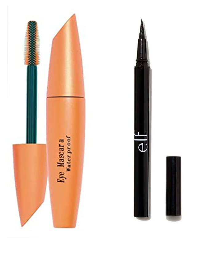 Black Smudge-Proof Mascara - Long Lasting Volumizing Waterproof Mascara with Eyeliner | Dramatic Eye Makeup Kit for Day & Night Wear