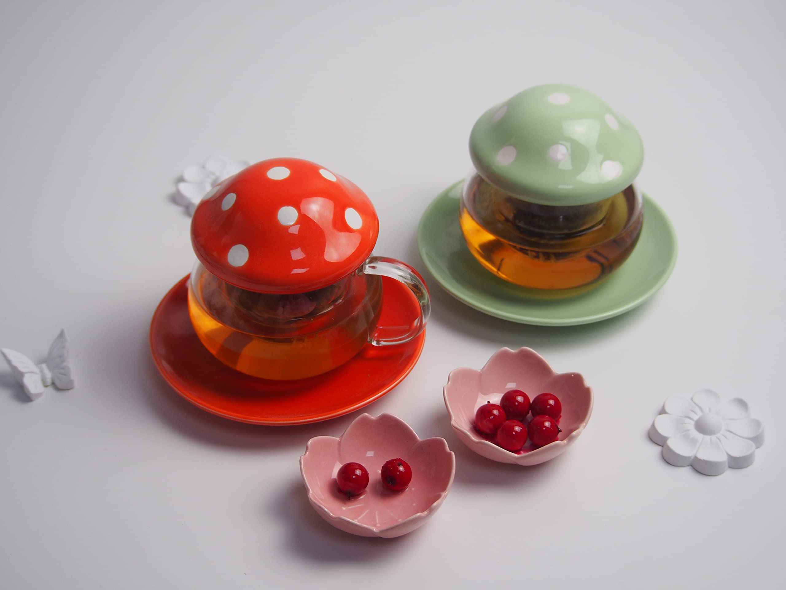 Cute Mushroom Glass Tea Mug Set with Strainer Filter Infuser - 290ML Orange Milk Coffee Tea Cup & Teapot - Perfect for Home, Office, and Gift Giving