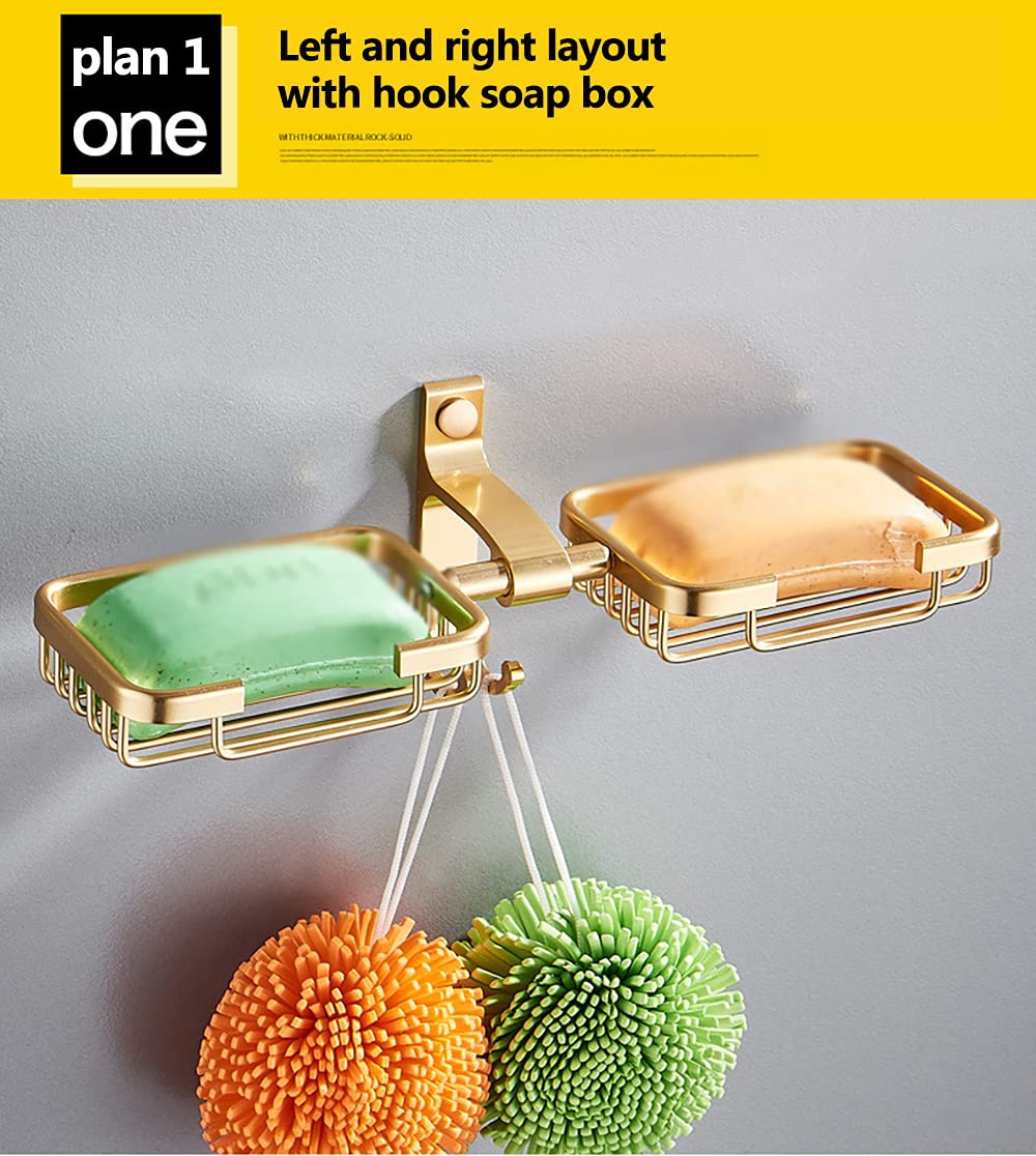 Rustproof Adhesive Wall Mounted Soap Dish & Sponge Holder with Hook for Bathroom, Shower, Kitchen - No Drilling Needed, Gold Finish | Perfect for Organizing Bar Soap, Sponges & Small Bath Accessories
