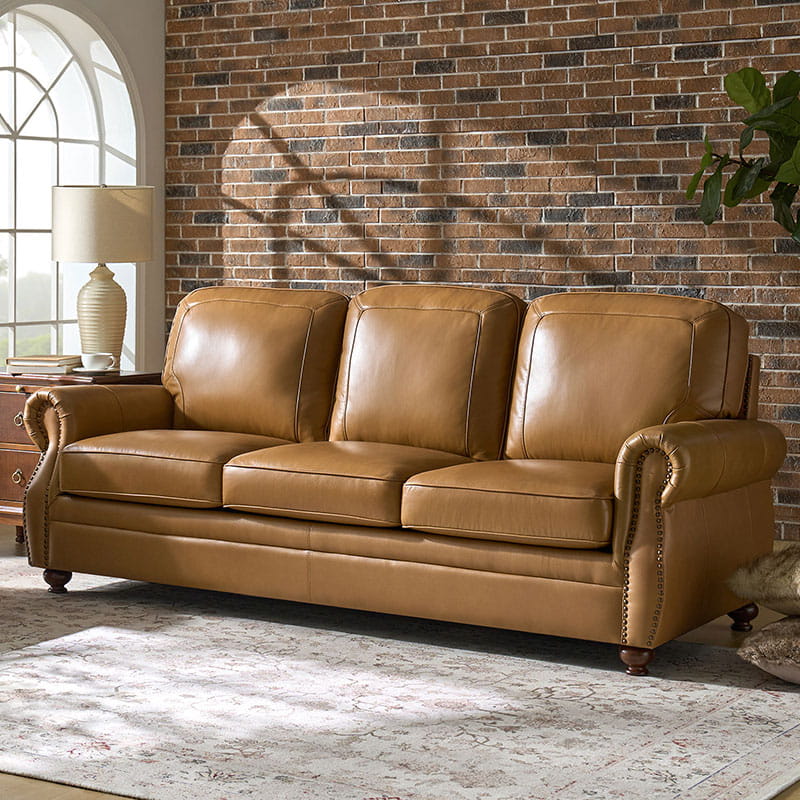 Premium Iliana Genuine Leather Sofa with Elegant Rolled Arms - Luxurious Living Room Furniture for Home & Office Decor