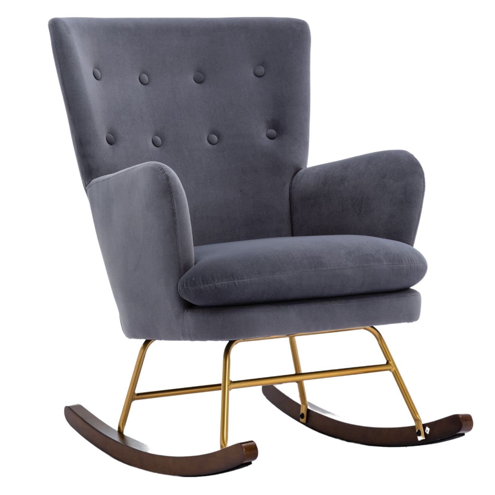 **LukeAlon Modern Velvet Rocking Chair - Upholstered Button Tufted Nursery Chair with Wooden Base, Comfortable Baby Nursing & Wingback High Back Rocker for Bedroom, Living Room, Nursery - Grey | Perfect for Breastfeeding, Reading & Relaxing**
