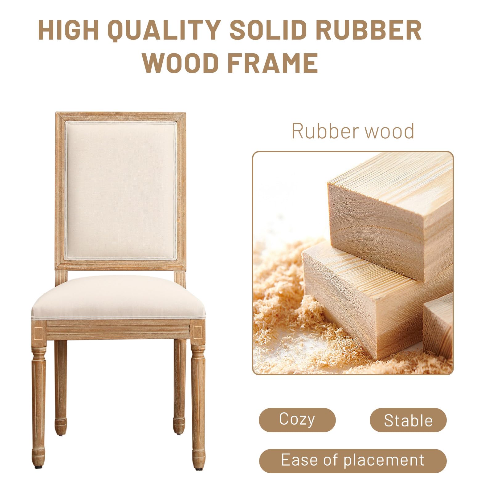 Furniliving French Country Dining Chairs Set of 4 - Upholstered Farmhouse Kitchen Chairs with Back for Dining Room, Living Room, Restaurant (Beige Square) | Perfect for Farmhouse Decor, Rustic Weddings & Cozy Home Dining