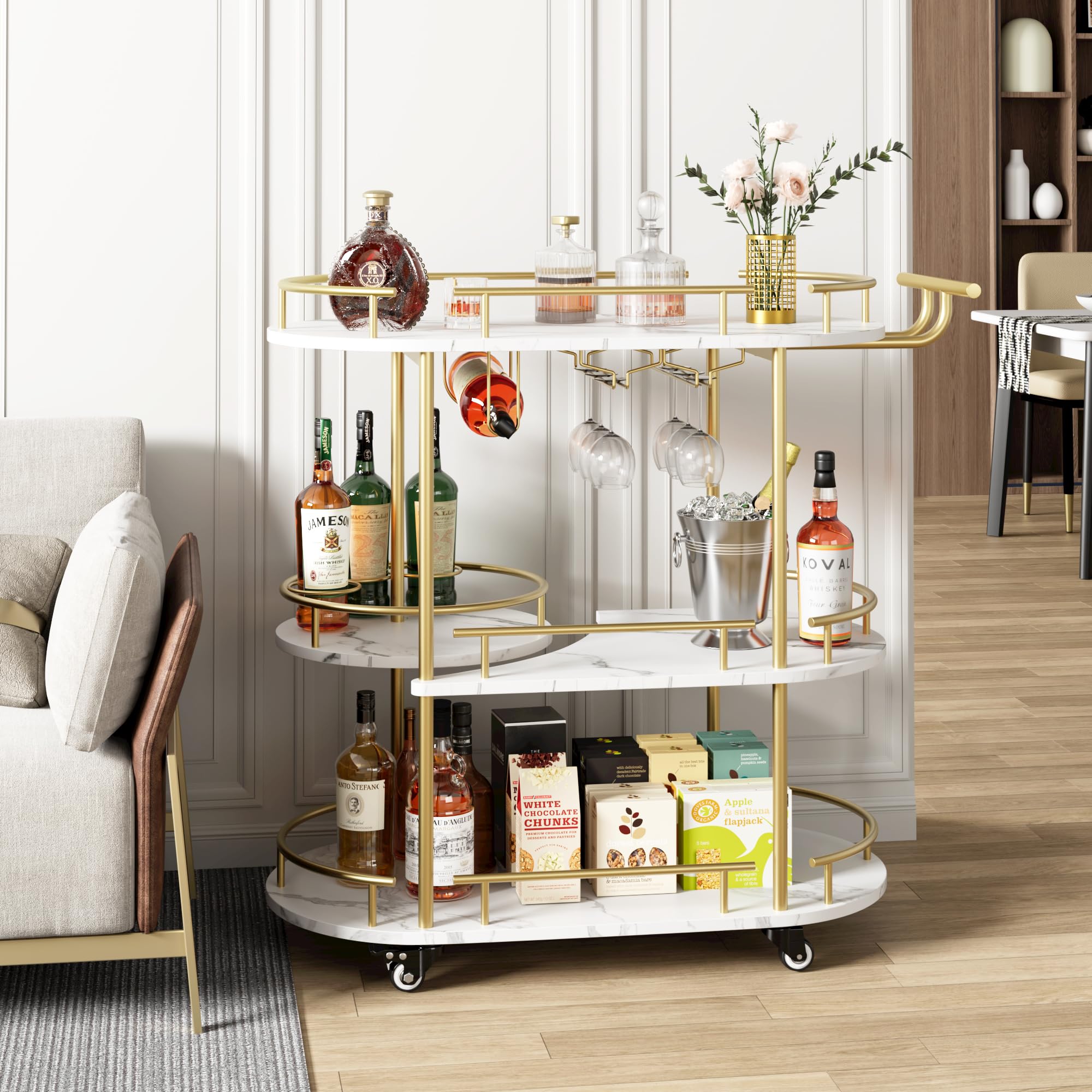 4-Tier Gold Bar Cart with Wheels - Mobile Serving Cart with Wine Rack & Glass Holder - Kitchen, Dining Room, Living Room Organizer - Perfect for Home Entertaining, Parties & Small Space Storage