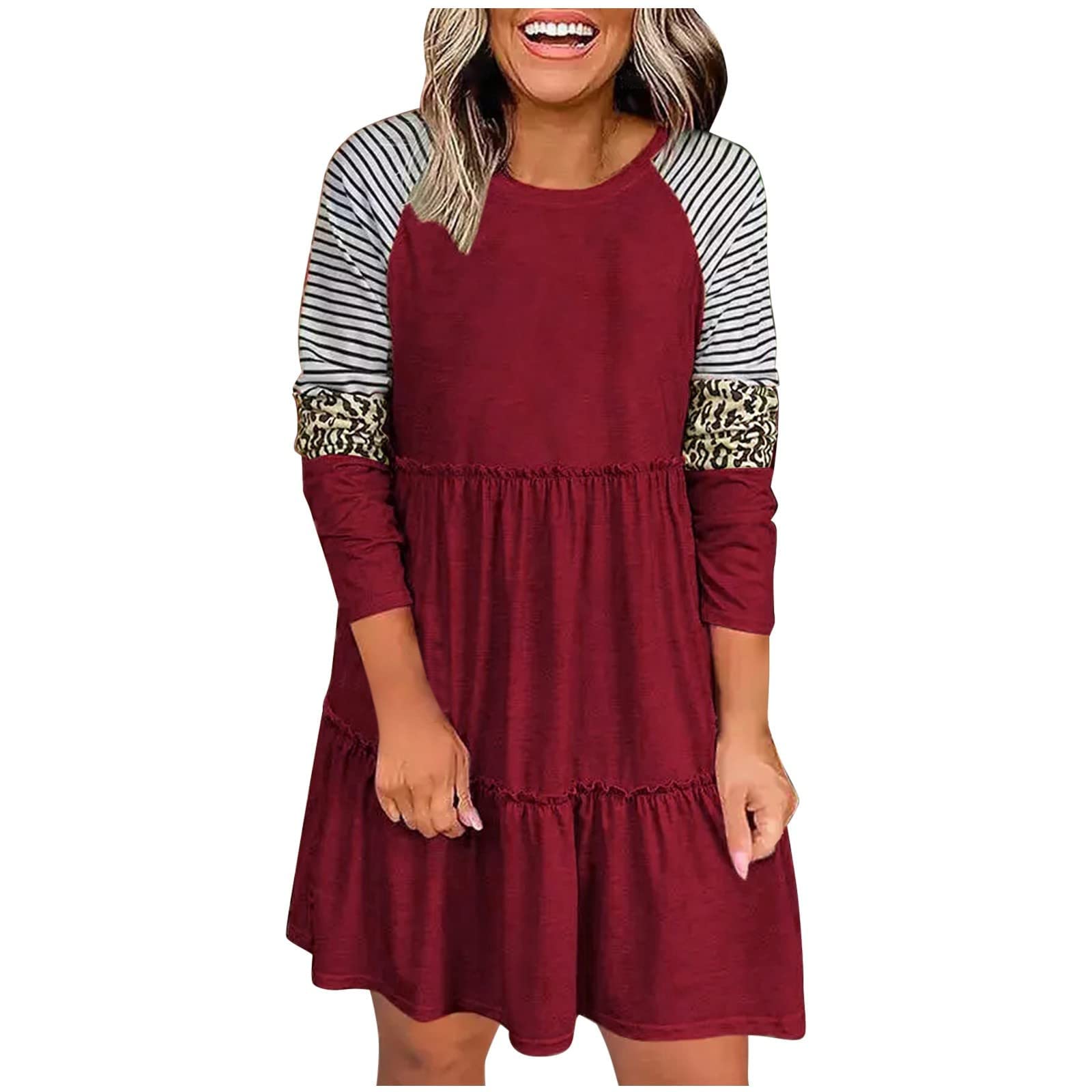 Women's Striped Leopard Print Ruffle Mini Dress - Long Sleeve Loose Fit Casual T-Shirt Dress for Spring | Perfect for Date Night, Office Wear & Weekend Outings