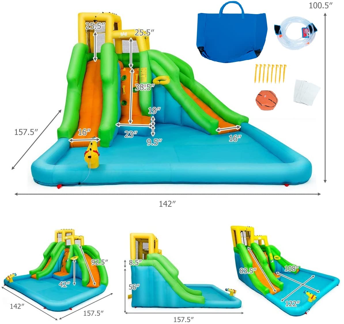 BOUNTECH 6-in-1 Inflatable Water Slide for Kids - Giant Outdoor Water Park with Dual Racing Slides, Climbing Wall | Backyard Summer Party, Birthday Gift, Family Fun (Blower Not Included) | Perfect for Pool Parties, BBQs, and Outdoor Gatherings