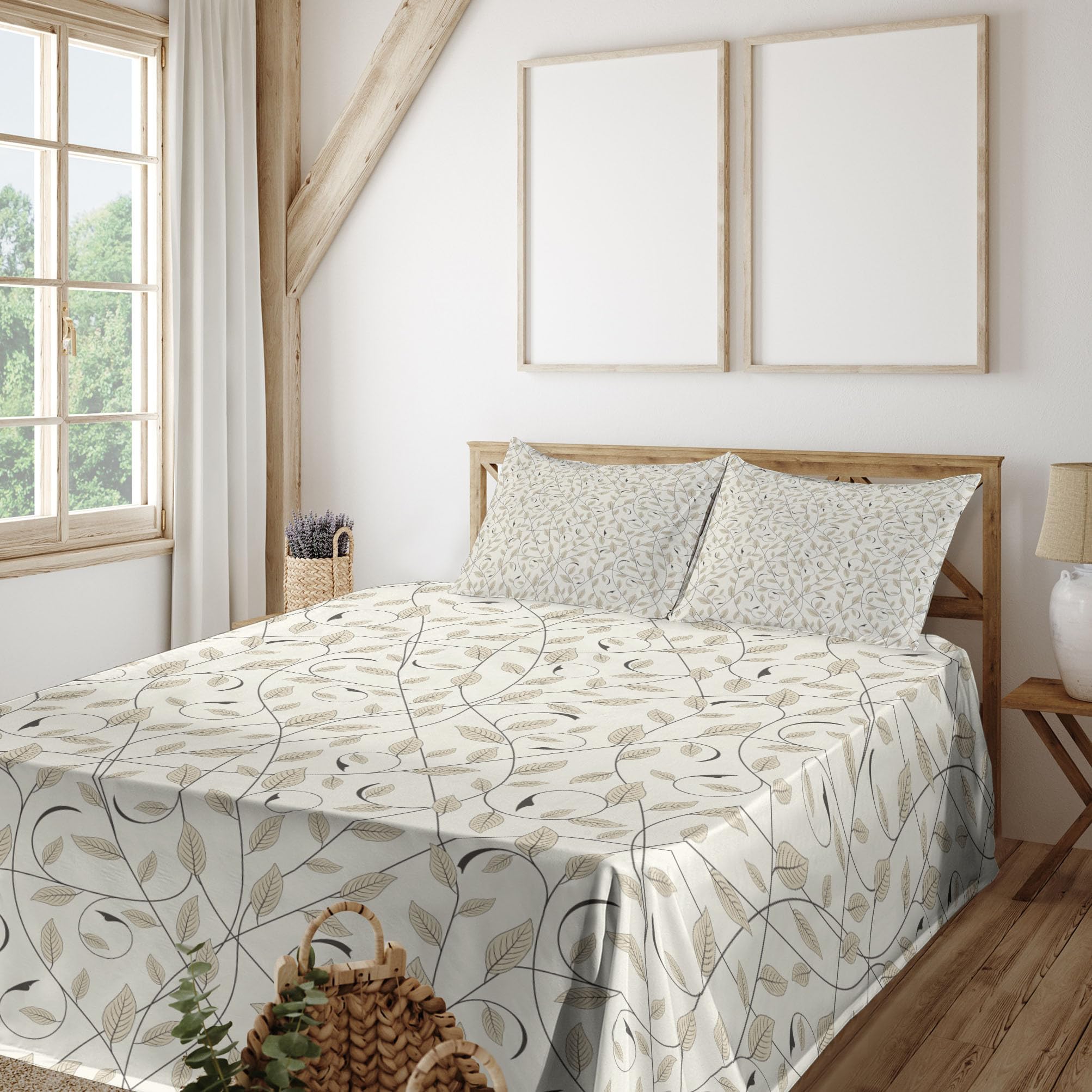 Ambesonne Floral King Sheet Set - 4 Piece Botanical Bedding with Curling Branches & Striped Leaves Design, Fitted & Flat Sheets + Pillowcases, Eggshell Pale Sepia - Perfect for Master Bedroom, Guest Room & Cozy Home Decor
