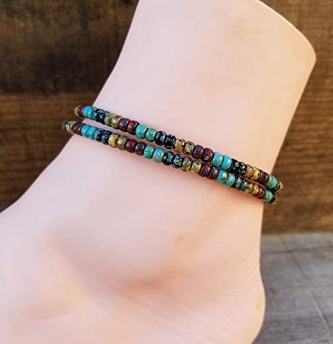 Handmade Beaded Leather Wrap Anklet for Women - 9 Inch Adjustable Bohemian Ankle Bracelet - Perfect for Beach, Festival, and Summer Outfits