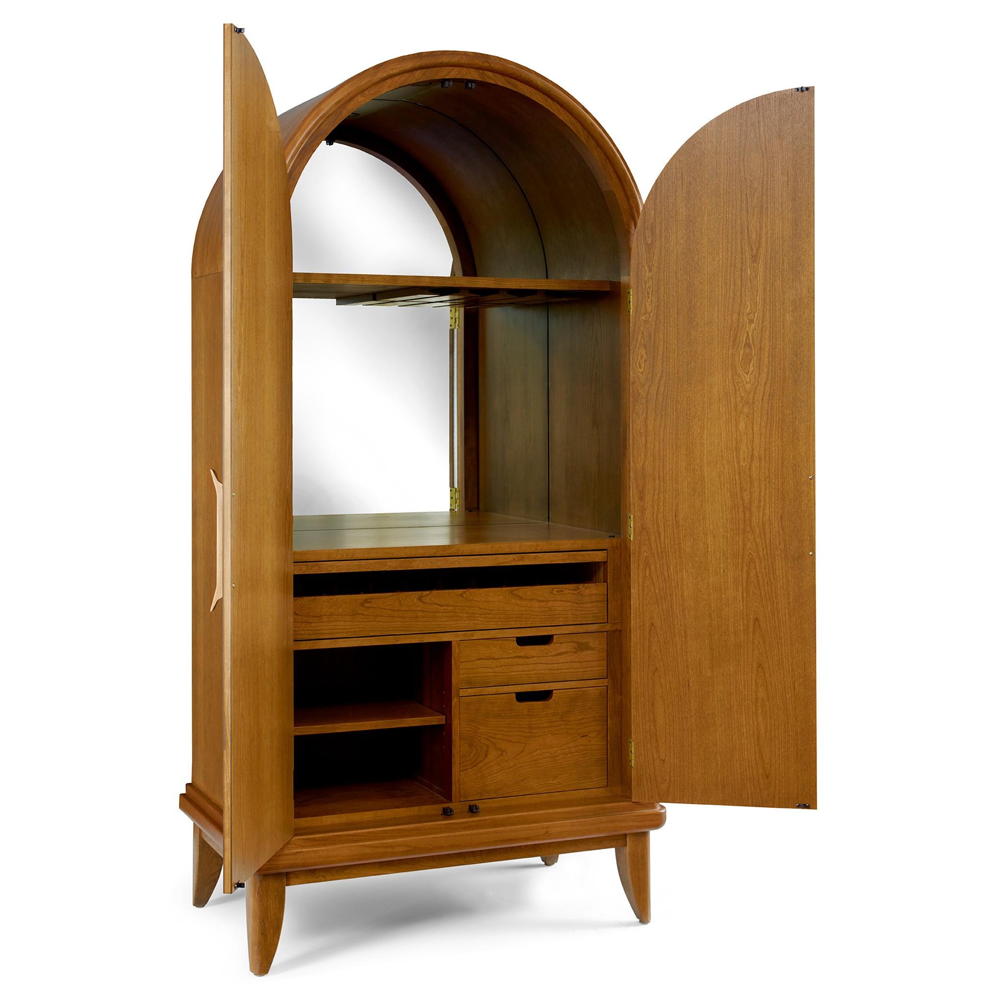 Martine Arched Bar Cabinet - Modern Wooden Liquor Storage with Glass Doors & LED Lighting - Perfect for Home Bar, Dining Room, or Living Room Decor