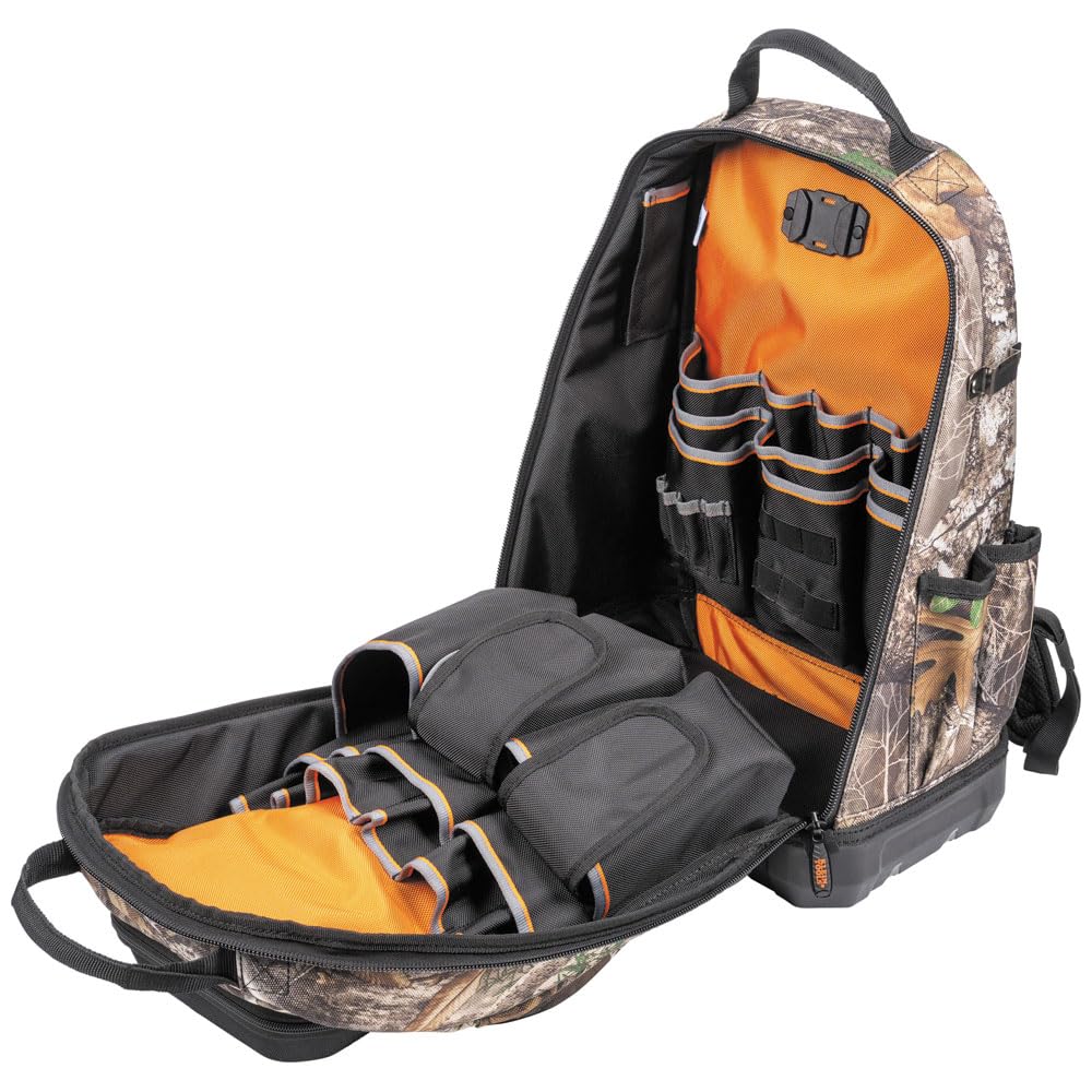 Klein Tools 62800BPCAMO Tradesman Pro Extra-Large 40-Pocket Camo Tool Backpack with Molded Bottom & Charging Port - Durable Jobsite Backpack for Electricians, Contractors & DIY Projects