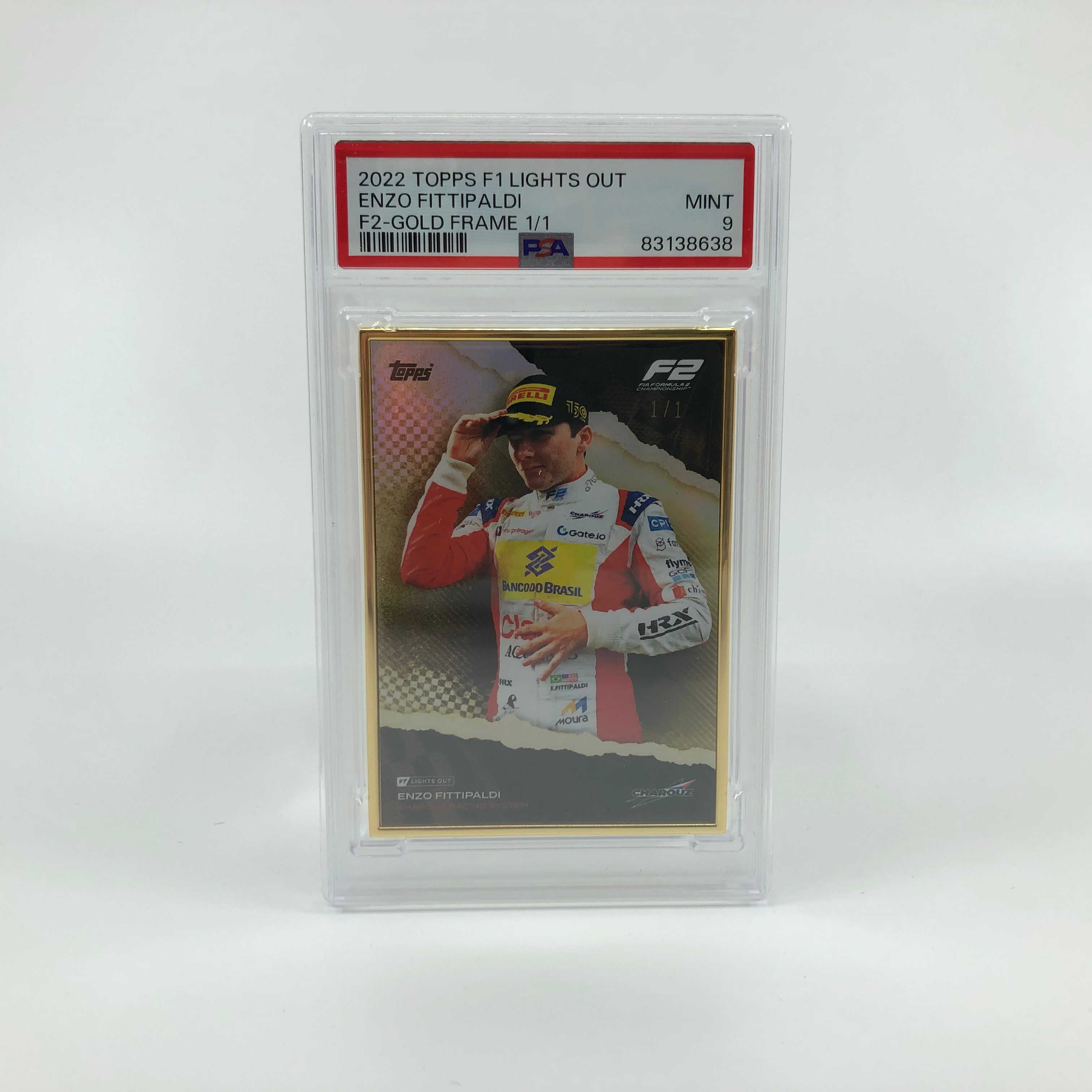 Enzo Fittipaldi 2022 Lights Out F2 Driver 1/1 Gold Frame PSA 9 Graded Trading Card - Perfect for Motorsport Collectors and Racing Memorabilia Displays