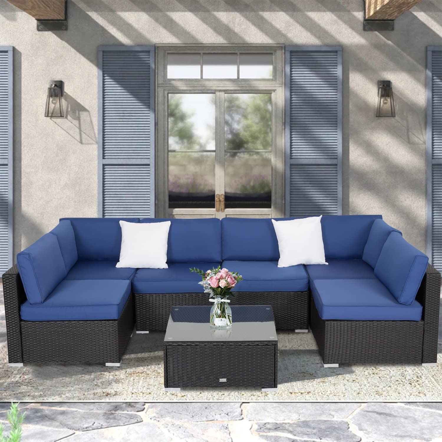 7-Piece Outdoor Patio Furniture Set - All-Weather Wicker Sofa Set with Coffee Table, Dark Blue, Perfect for Garden, Backyard, and Poolside Relaxation