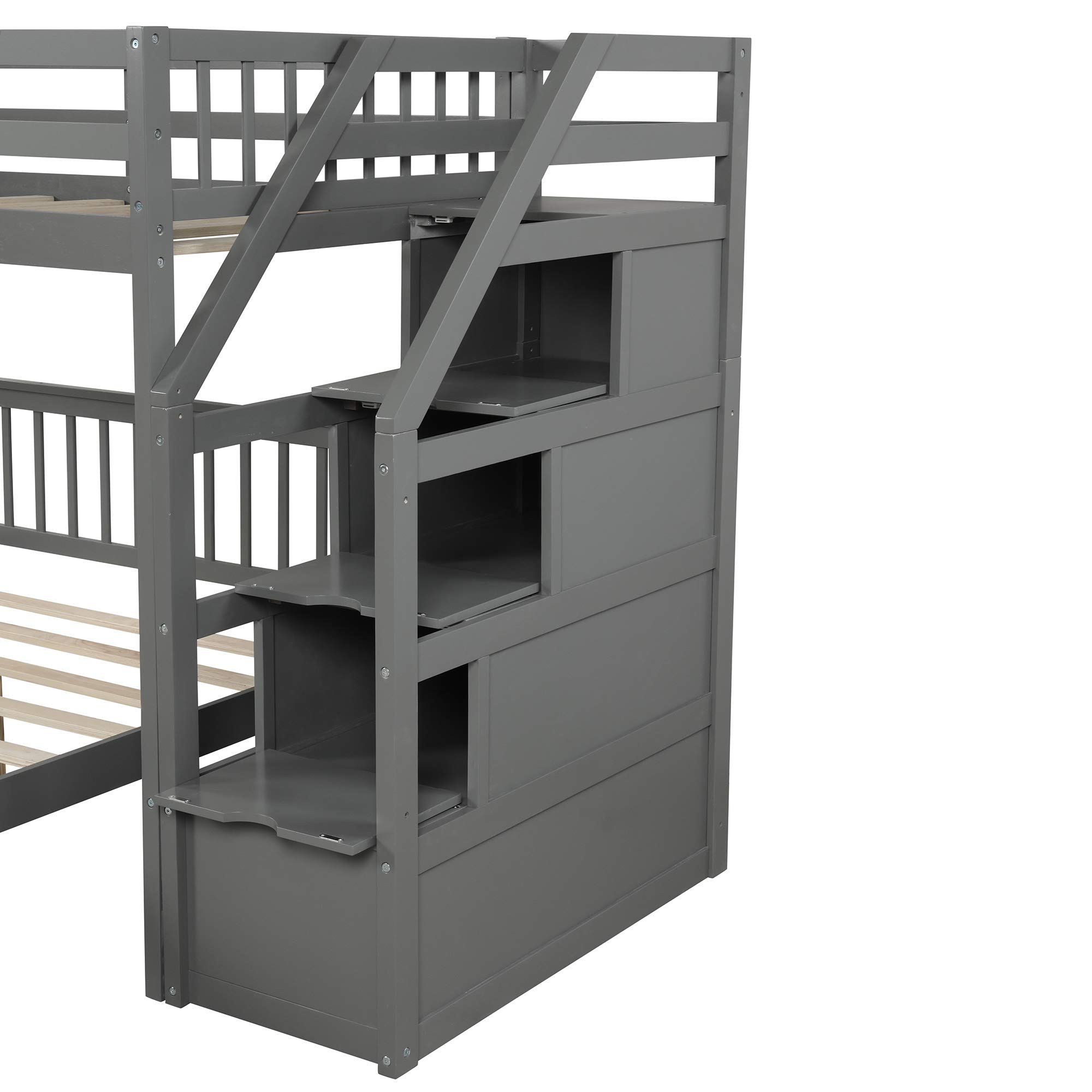 Harper & Bright Designs Twin Over Full L-Shaped Wood Bunk Beds for Kids with Stairway & Storage - No Box Spring Needed, Gray - Perfect for Small Bedrooms, Shared Kids' Rooms & Space-Saving Sleep Solutions