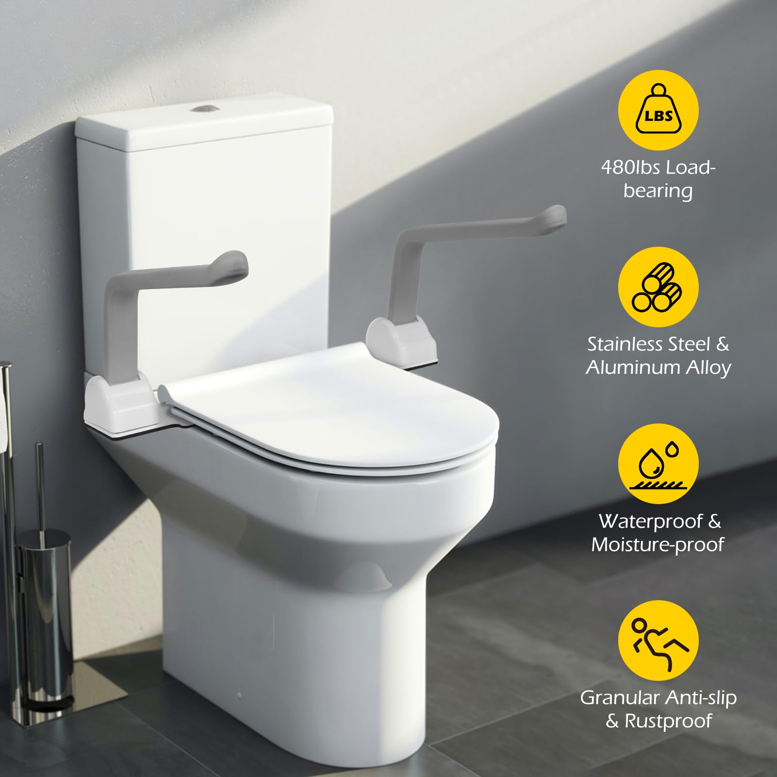 Dyna-Living Heavy-Duty Toilet Safety Rails – 480lbs Weight Capacity, Flip-Up Non-Slip Aluminum Alloy Armrest – Elderly Bathroom Assist Device for Seniors & Disabled – Ideal for Home Care, Post-Surgery Recovery & Mobility Support