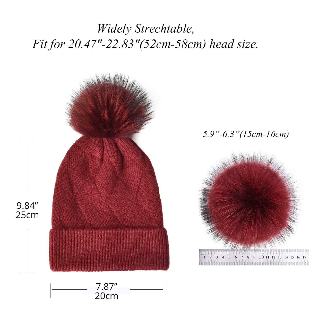 Women's Winter Knit Beanie Hat with Fur Pom Pom - Soft Wool Ski Cap for Warmth & Style - Perfect for Skiing, Snowboarding & Cold Weather Fashion