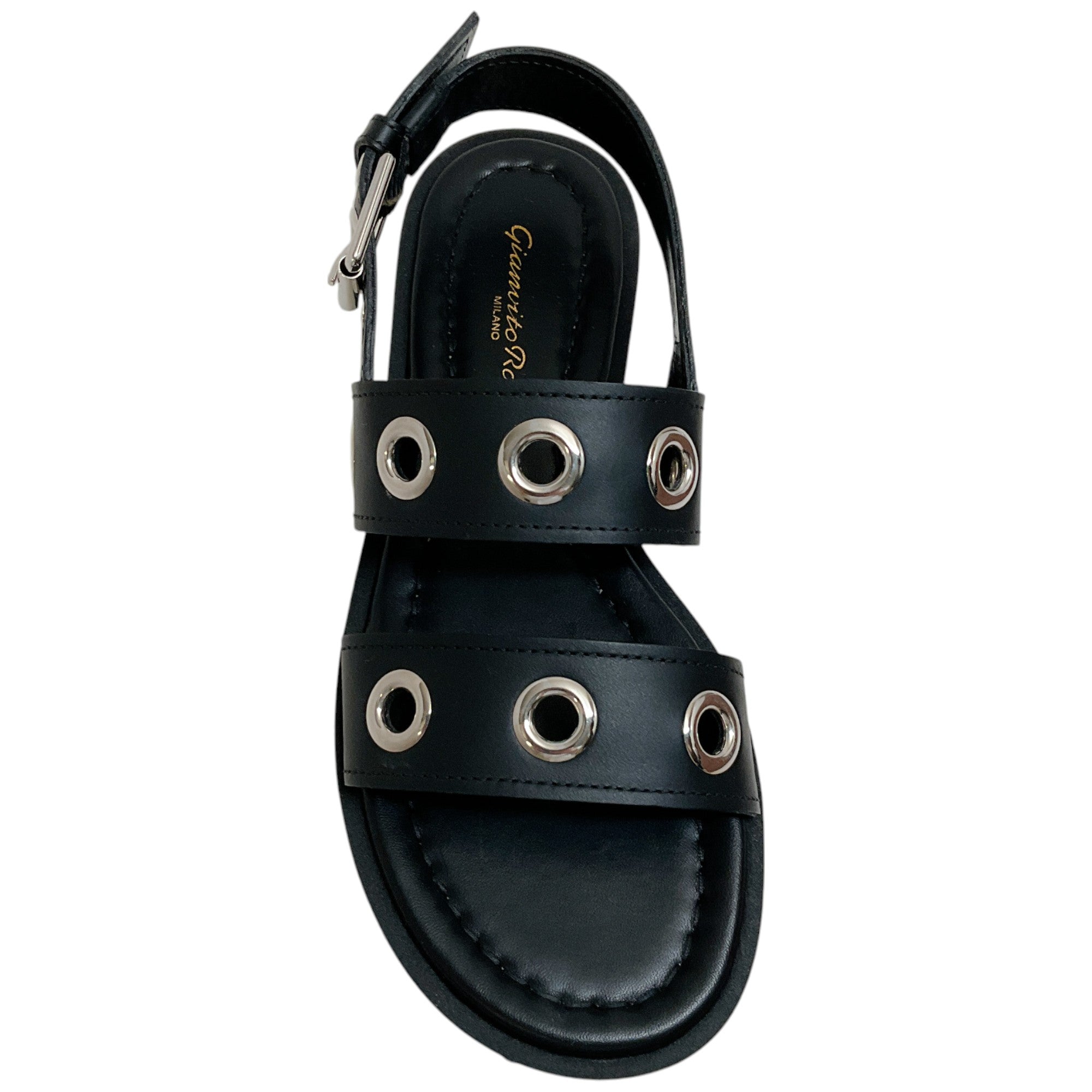 Gianvito Rossi Black Leather Double Strap Platform Sandals with Grommets - Women's Fashion High Heel Shoes for Party, Wedding & Evening Events