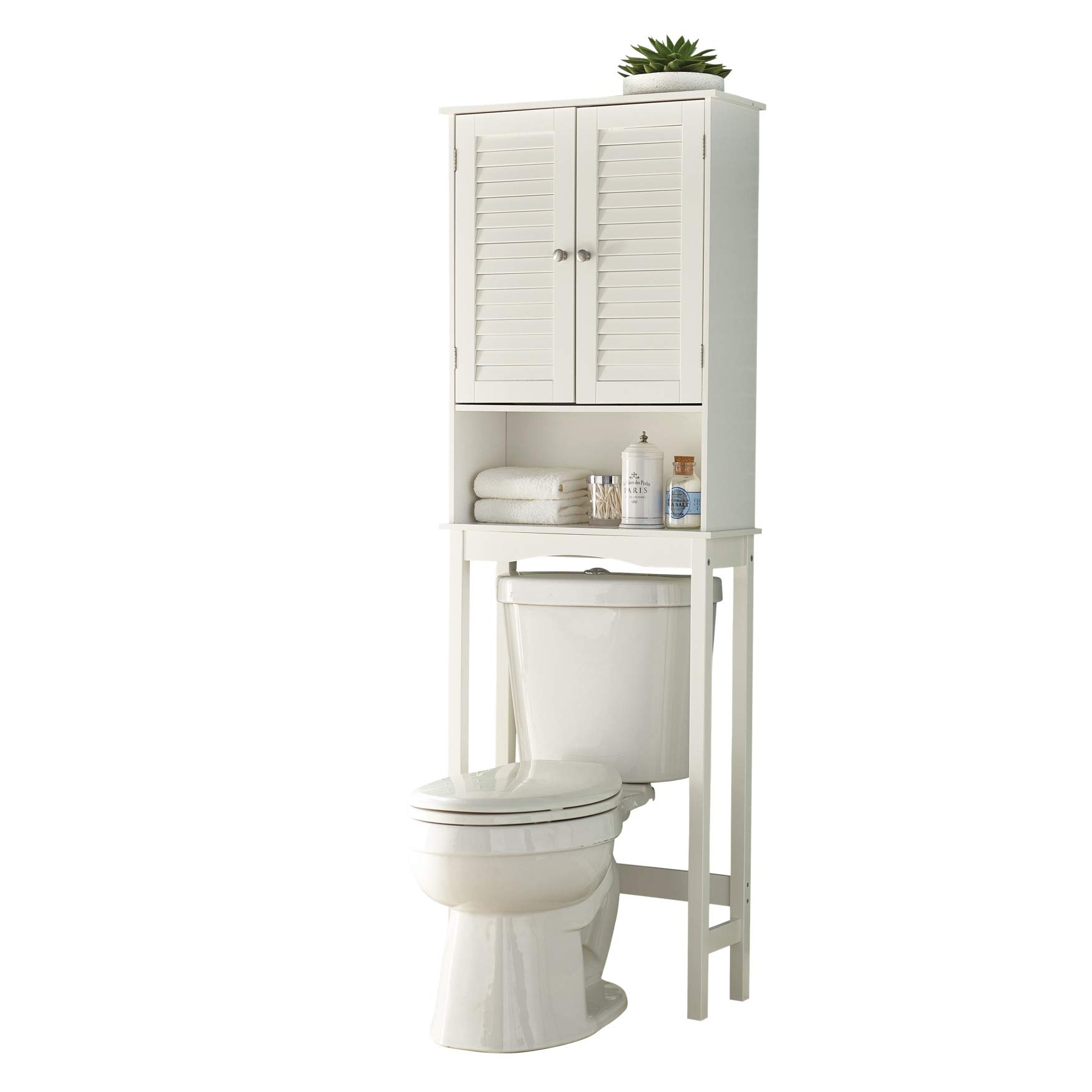 BrylaneHome Louvre Étagere Over Toilet Cabinet - White Bathroom Storage Furniture for Small Spaces | Space-Saving Bathroom Organizer for Towels, Toiletries & Essentials