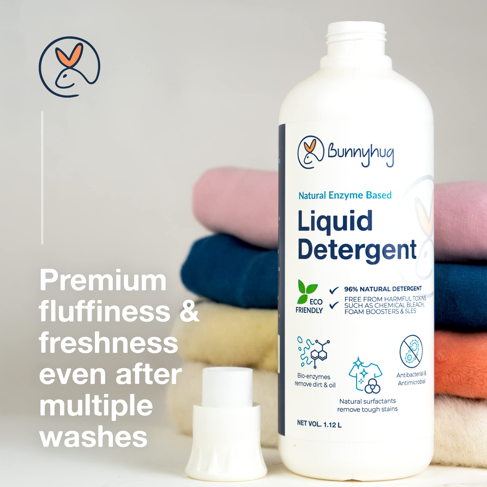 **Bunnyhug Natural Enzyme Laundry Detergent Liquid - 100% Plant-Based, Vegan, Toxin-Free - Safe for Top & Front Load Washers (1.12 Litre) - Gentle on Clothes & Skin, Ideal for Babies, Sensitive Skin & Eco-Conscious Families**