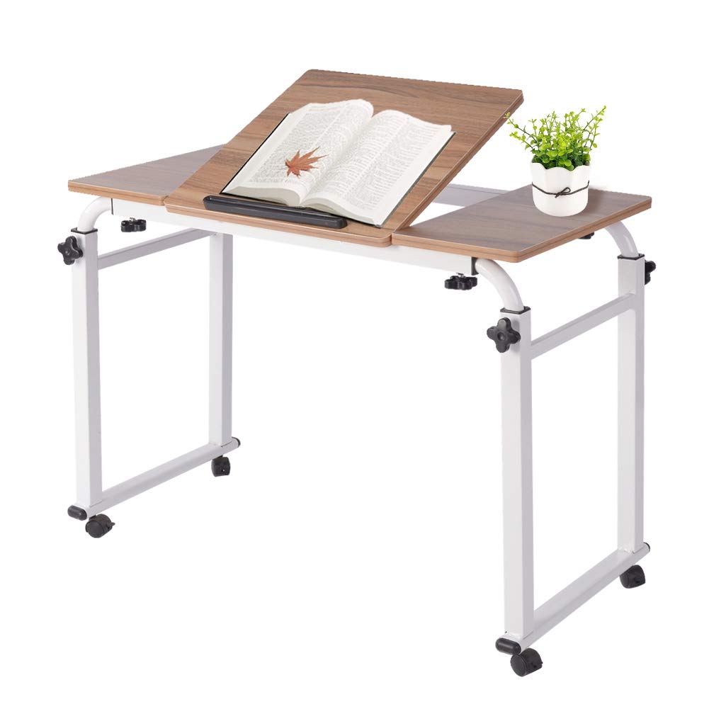 Height Adjustable Overbed Table with Wheels - Multifunctional Mobile Laptop Cart, Computer Desk, Rolling Medical Table, Study Table, Standing Workstation (0.8M Ancient Oak Top & White Legs) - Perfect for Home Office, Hospital, Dorm & Bedside Use