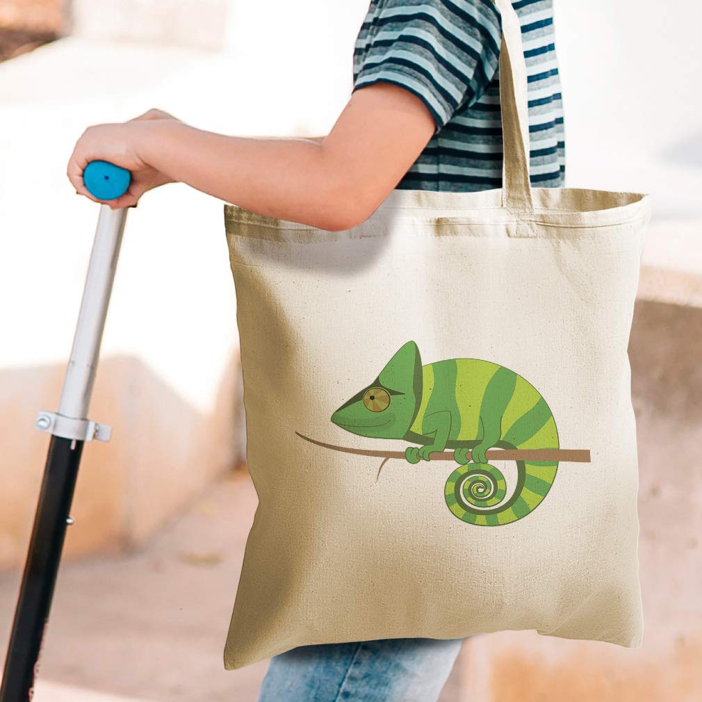 Funny Iguana on Stick Custom Canvas Tote Bag - Reusable Eco-Friendly Shopping Bag with Natural Reptile Design for Kids - Perfect for Beach Trips, Grocery Shopping & School Use