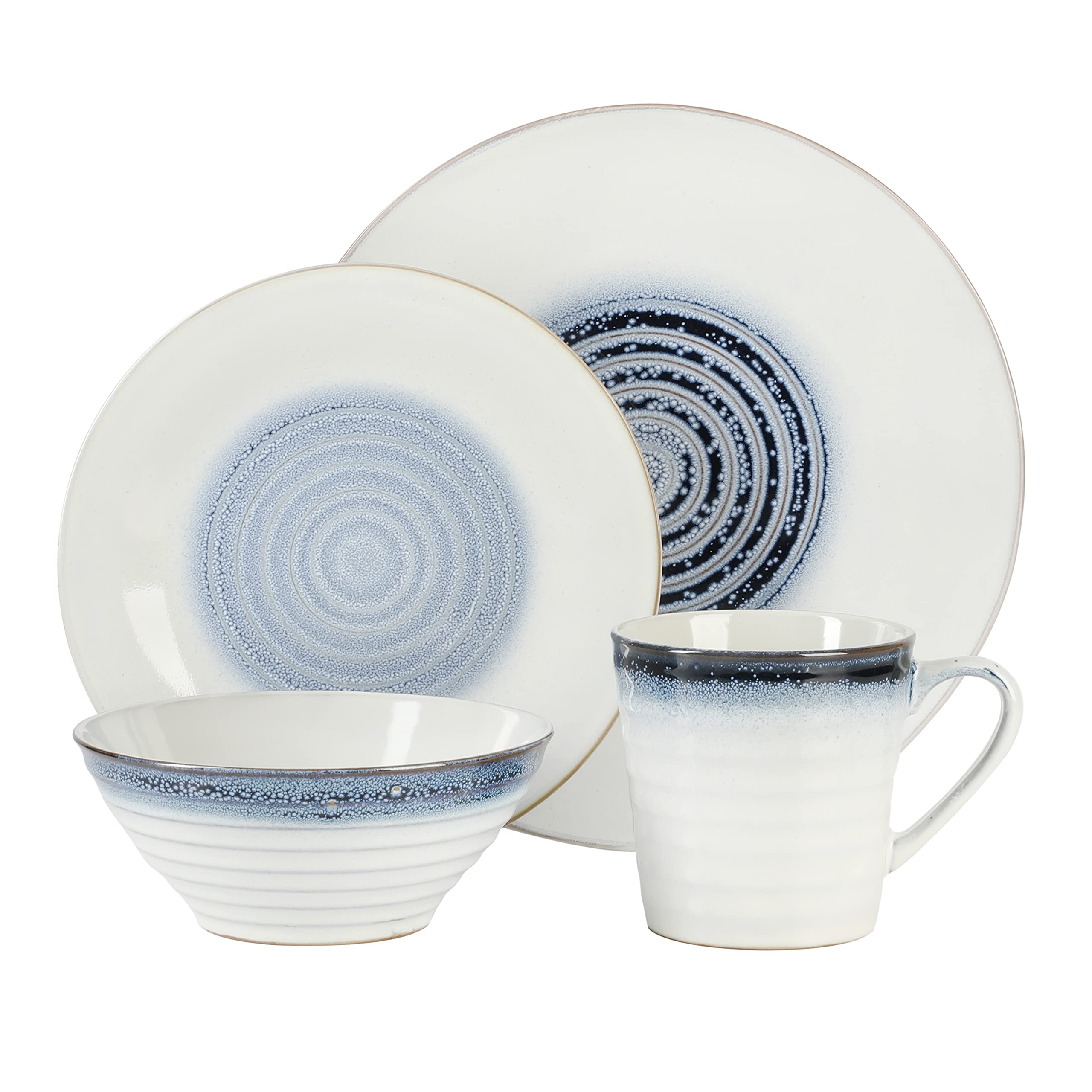 Premium Gibson Elite Spiral Reactive Embossed Dinnerware Set - 16-Piece Blue Porcelain Dinner Plates & Bowls, Service for 4 - Elegant Formal Dining, Holiday Entertaining & Everyday Family Meals
