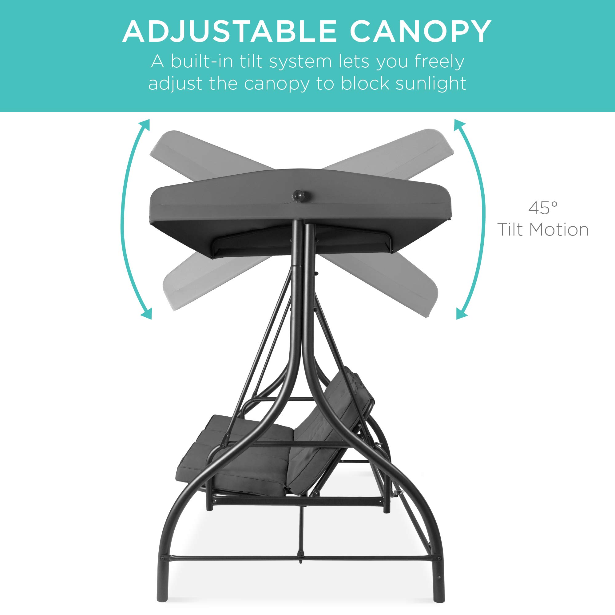 Best Choice Products 3-Seat Outdoor Canopy Swing Glider with Adjustable Shade & Removable Cushions - Gray Patio Hammock Lounge Chair for Porch, Backyard, Garden - Perfect for Relaxing, Sunbathing & Outdoor Gatherings