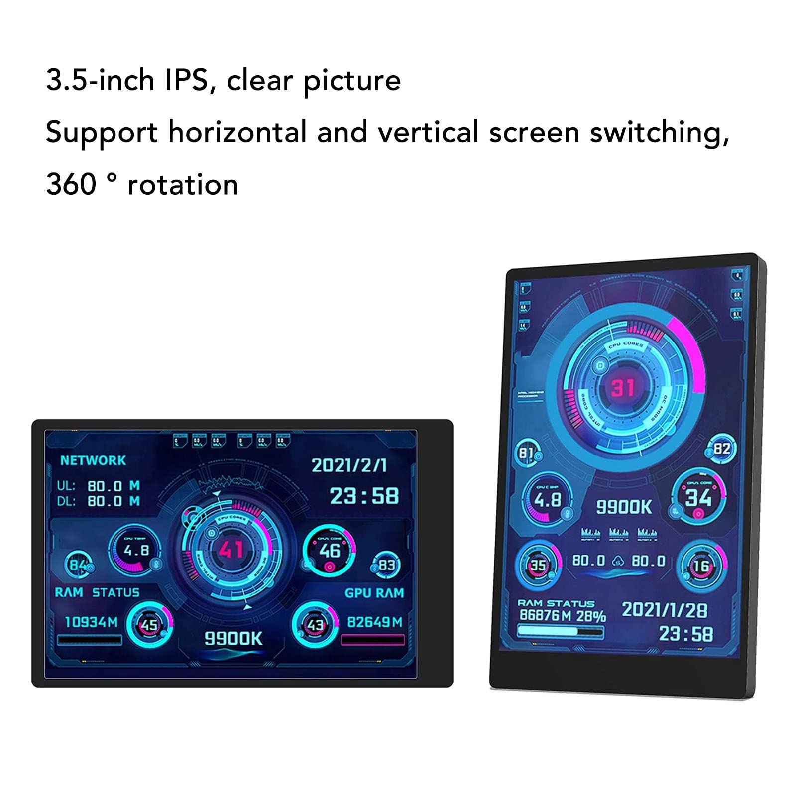 Yctze 3.5 Inch IPS USB Mini PC CPU Data Monitor - Computer Temperature Sensor Panel Display with Vertical & Horizontal Screen for Gaming PC, Home Office, and Server Monitoring