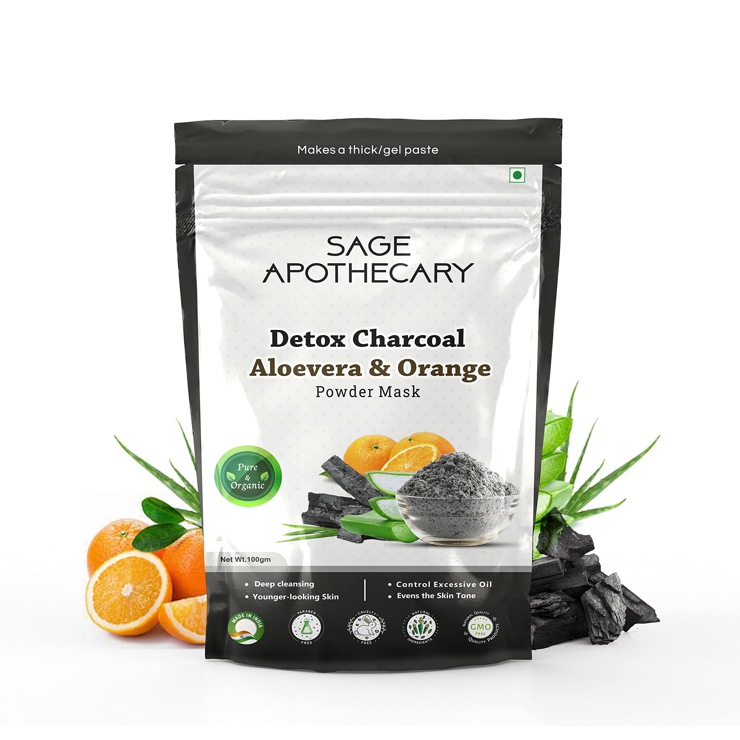 Natural Detox Charcoal, Aloe Vera & Orange Powder Face Mask | Deep Exfoliating & Pore Cleansing | Organic Skincare for Men & Women | 100g Pack | Perfect for Summer Glow & Acne-Prone Skin