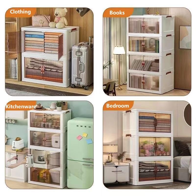 59QT Collapsible Storage Bins with Lids & Wheels - Foldable Plastic Storage Box with Doors, Stackable Closet Organizer for Bedroom, Garage, or Office (5-Tier, Space-Saving Design)