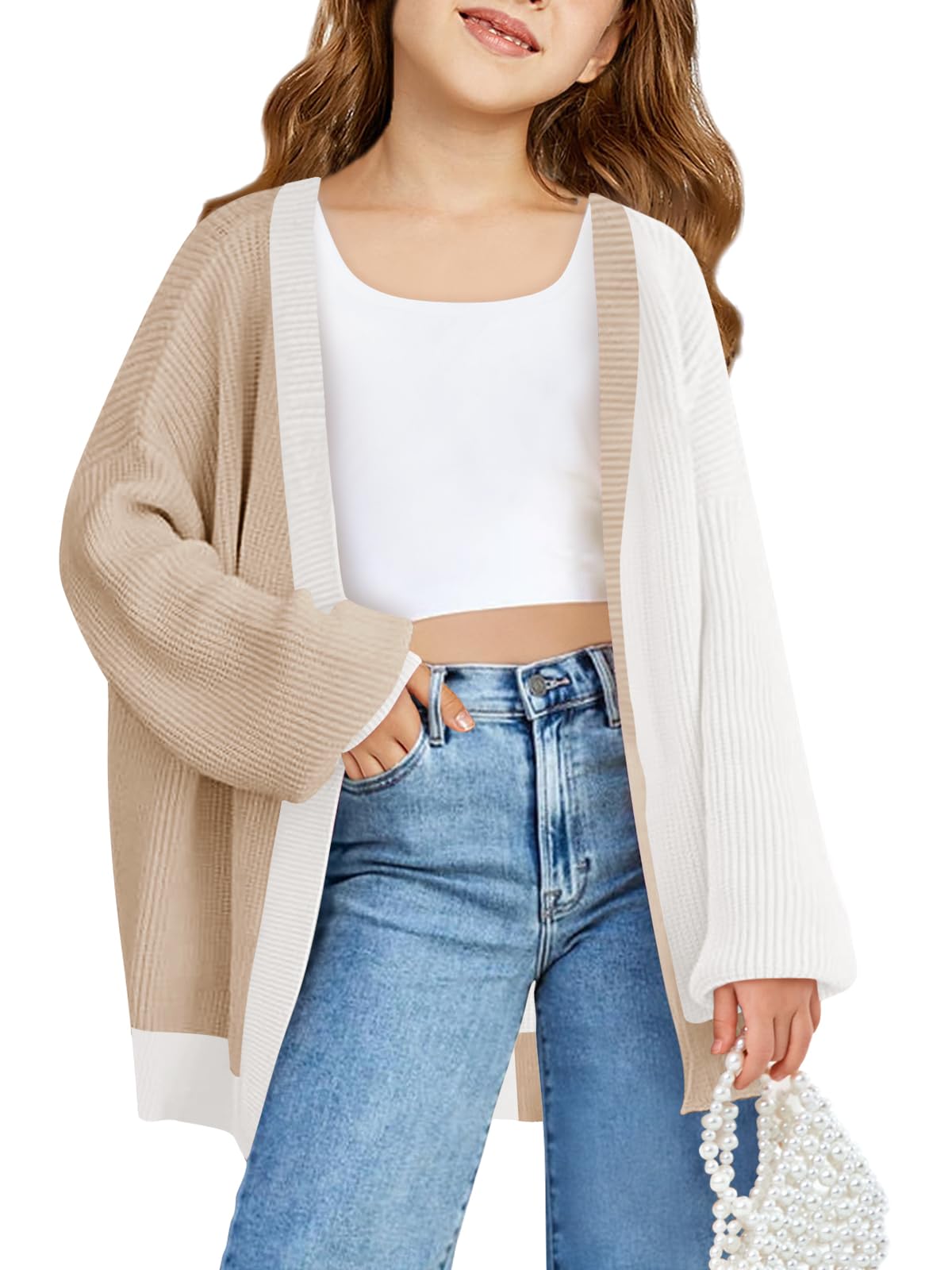 Haloumoning Girls Oversized Batwing Sleeve Cardigan Sweater - Kids Fashion Open Front Color Block Outerwear for School, Playdates & Casual Wear