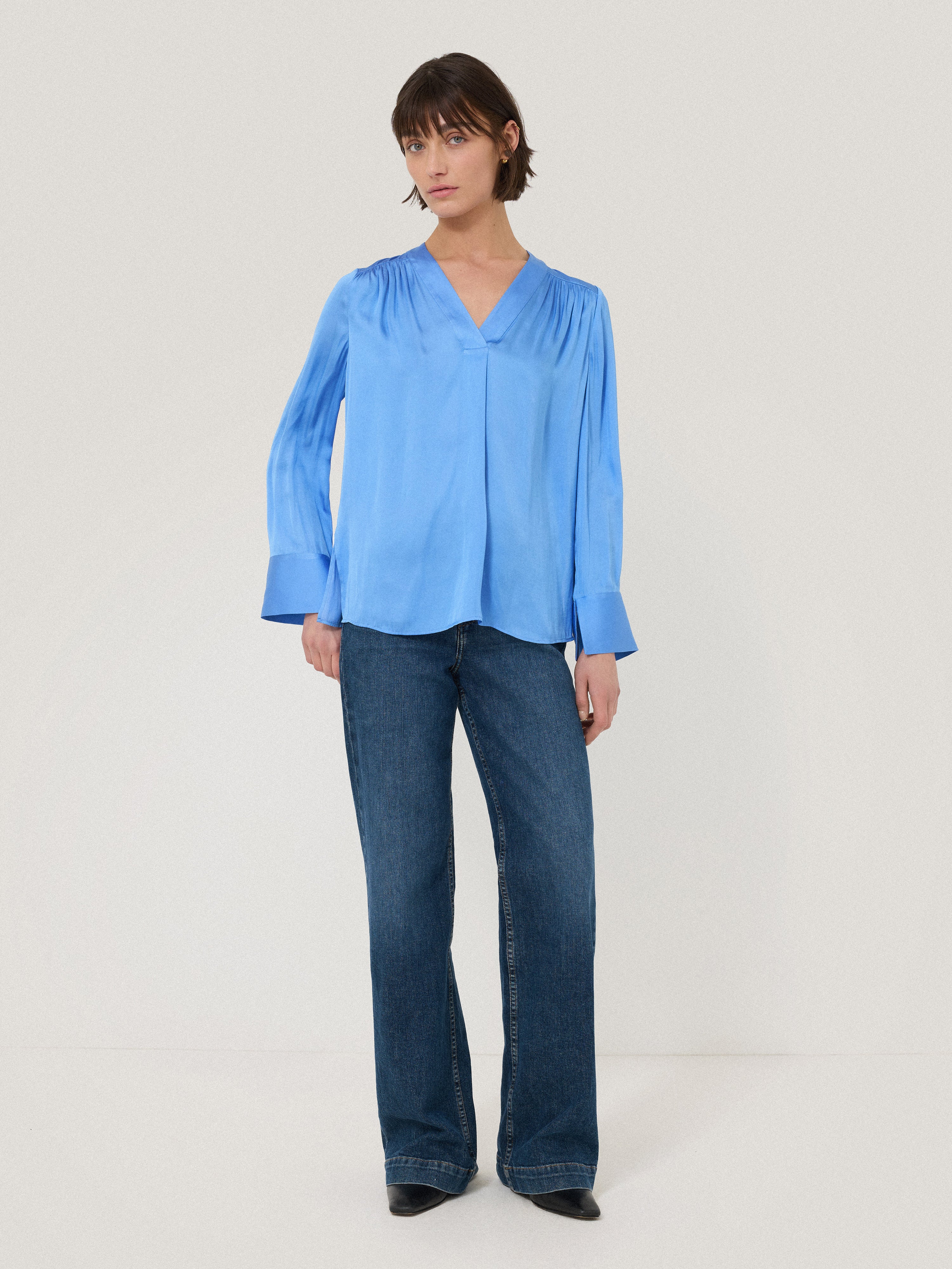 Eco-Friendly Recycled Satin Tunic Top for Women - Soft Blue Blouse | Perfect for Casual Wear, Office Outfits & Special Occasions