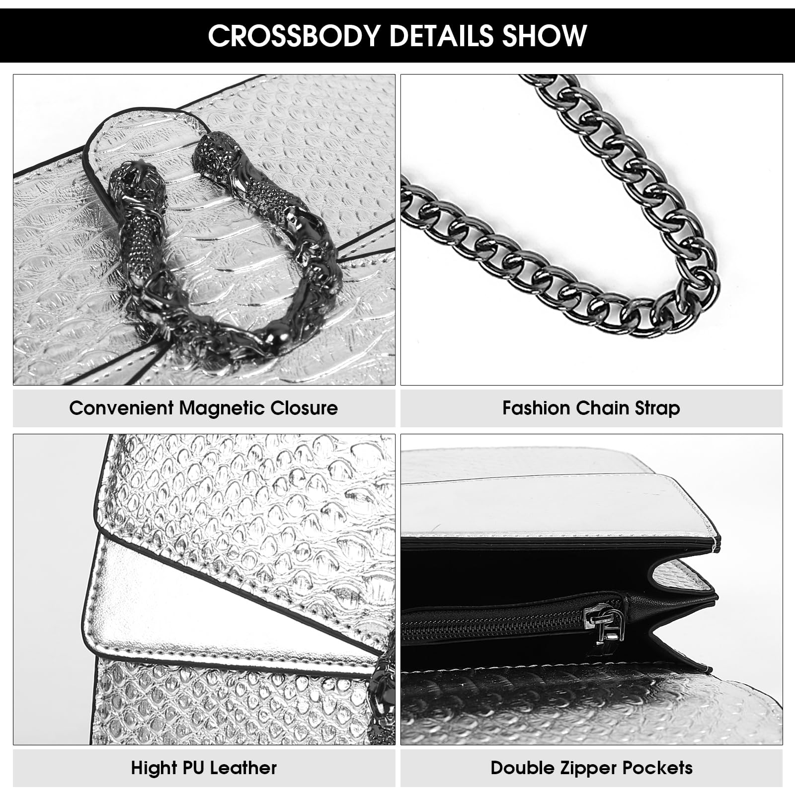 Women's Crossbody Chain Purse - Crocodile Leather Clutch Bag for Evening & Party