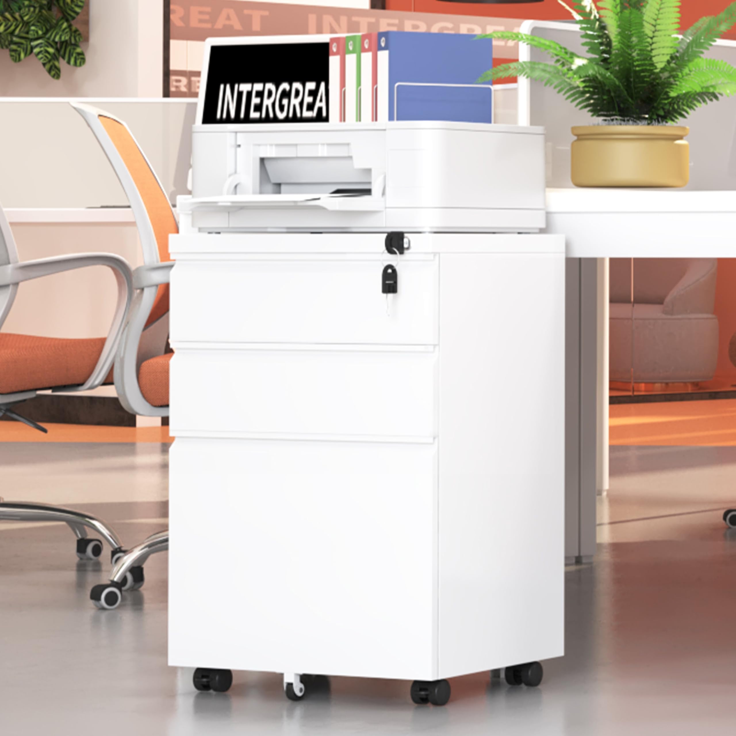 INTERGREAT 3-Drawer Mobile File Cabinet with Lock - Under Desk Metal Filing Cabinet for Home & Office - Rolling File Organizer for Legal/Letter/A4 Documents - White - Perfect for Small Spaces & Office Organization