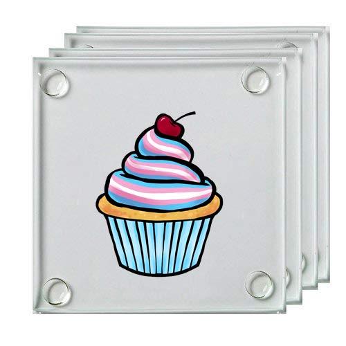 LGBTQ+ Pride Rainbow Cupcake Square Glass Coasters - Set of 4 Non-Slip Drink Coasters for Coffee Table, Bar, Office & Home Decor - Transgender Ally Support Gift for Pride Month & LGBTQ Events
