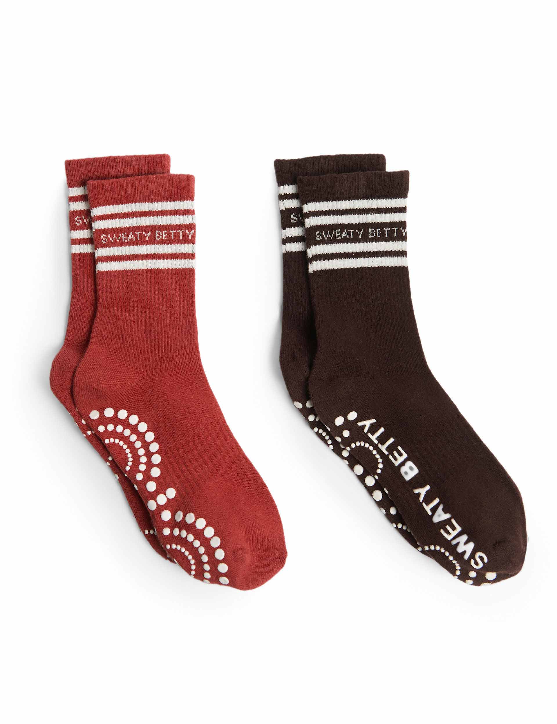 Mid Length Ankle Gripper Socks 2 Pack - Sable Brown - Non Slip Athletic Socks for Running, Yoga & Workout - Women's & Men's Comfortable Sports Socks
