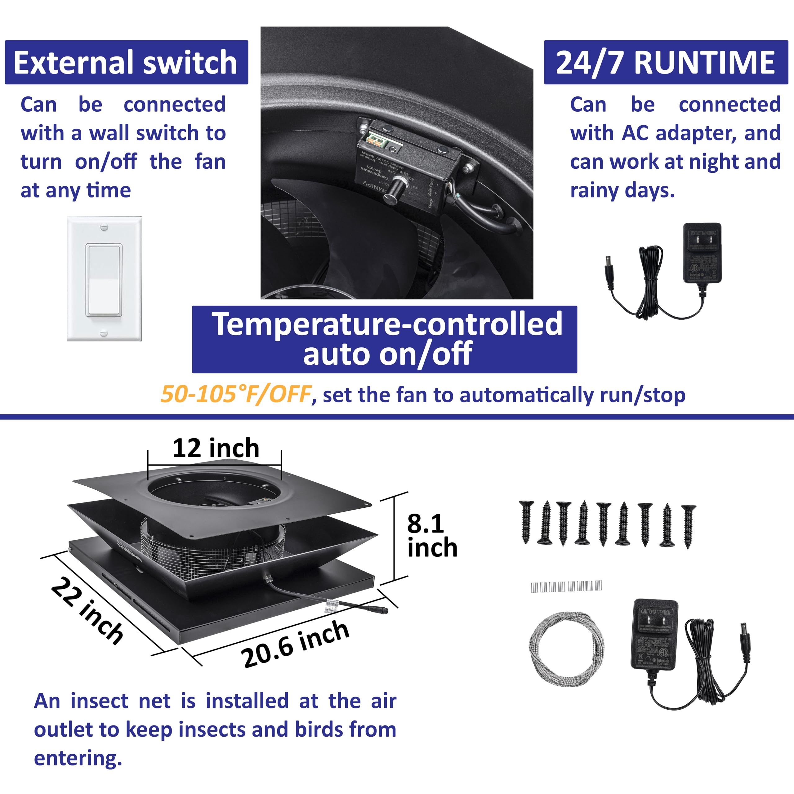 Smart Solar Attic Fan Pro – 2850 CFM High-Power Roof Ventilation, 50W Solar Panel, 40-104℉ Auto Thermostat – Weatherproof Exhaust Fan for Home, Garage, Greenhouse & Warehouse – Energy Efficient Cooling for 4000 sq.ft Spaces – USA Designed with German Technology – Perfect for Hot Climates & Year-Round Ventilation