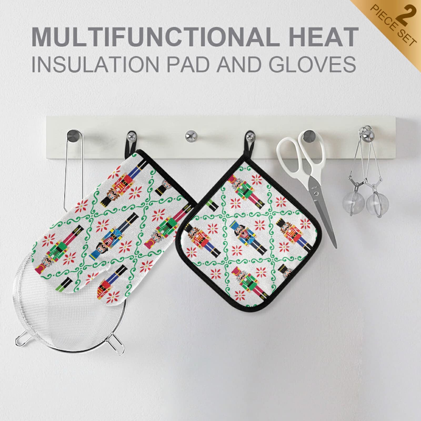 Christmas Nutcracker Oven Mitts & Pot Holders Set - Heat Resistant Kitchen Gloves for Baking, Cooking & BBQ - Festive Holiday Soldier Design for Xmas Decor & Gift