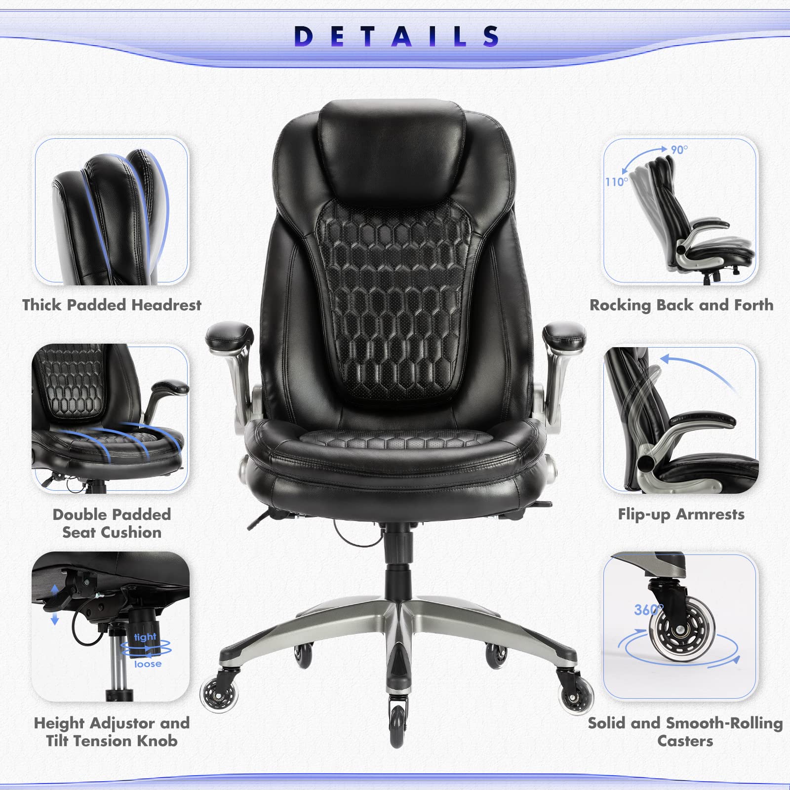 Premium Ergonomic Executive Office Chair - High Back Leather Computer Desk Chair with Swivel & Upgraded Casters - Black (Set of 2) - Perfect for Home Office, Gaming & Professional Workspaces