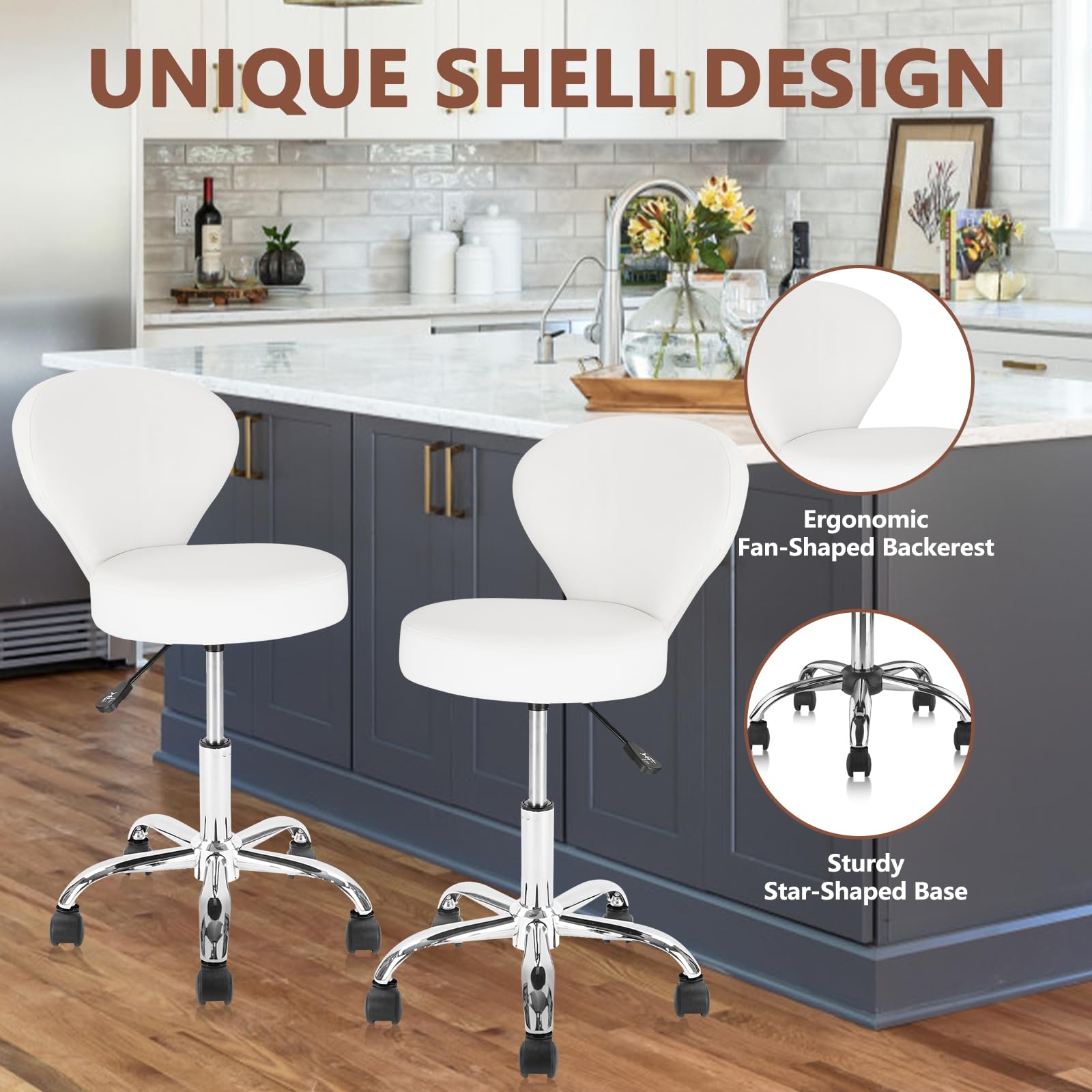 4 Pack PVC Faux Leather Rolling Swivel Salon Stools - Adjustable Hydraulic Height (15-22 Inch) with Low Back Support - Perfect for Office, Massage, Facial Spa, Medical & Tattoo Parlors - White Salon Chairs for Professional & Home Use