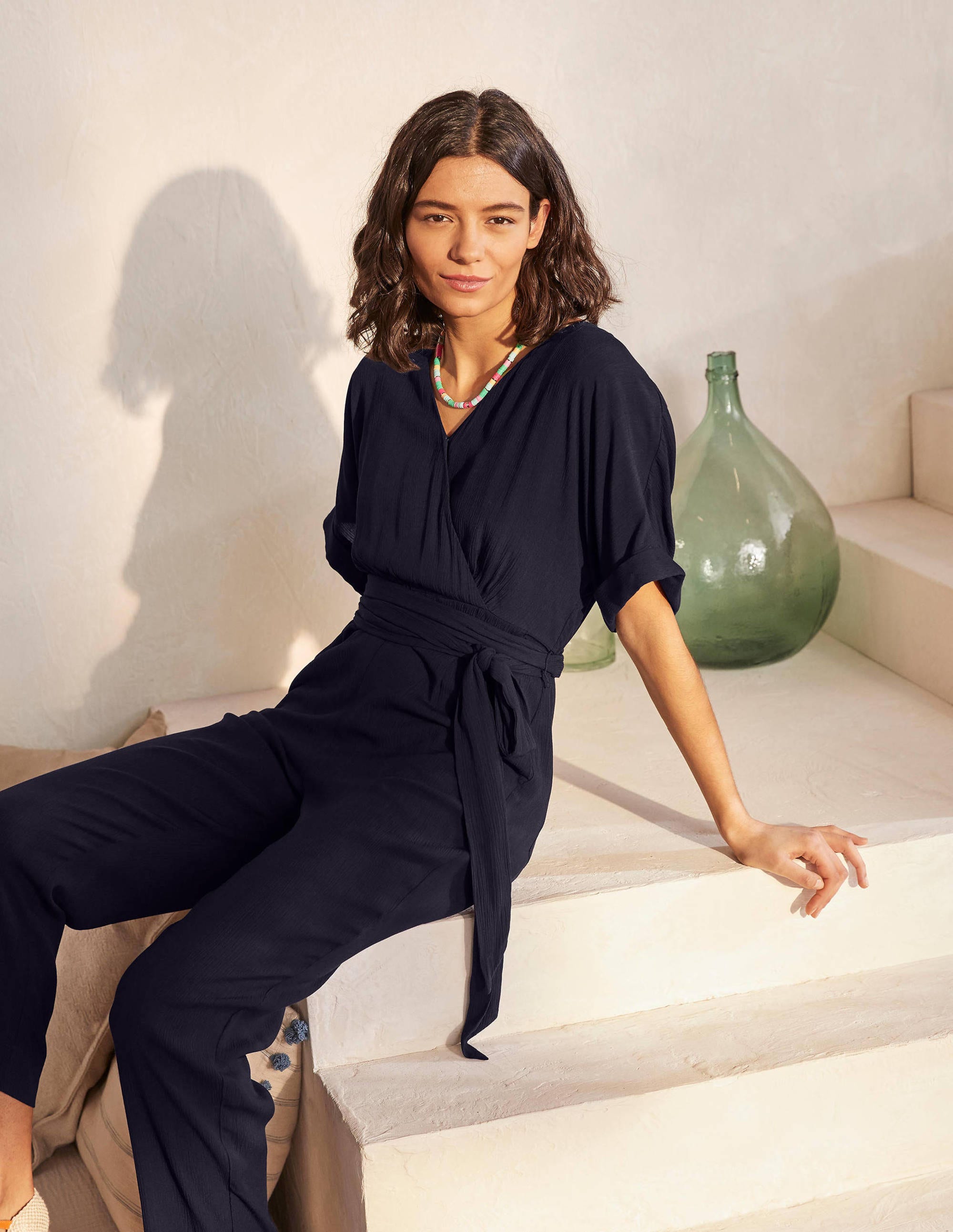 Alice Wrap Jumpsuit for Women - Navy Blue Flowy Romper with Belt, Summer Casual Outfit for Beach, Vacation & Date Night
