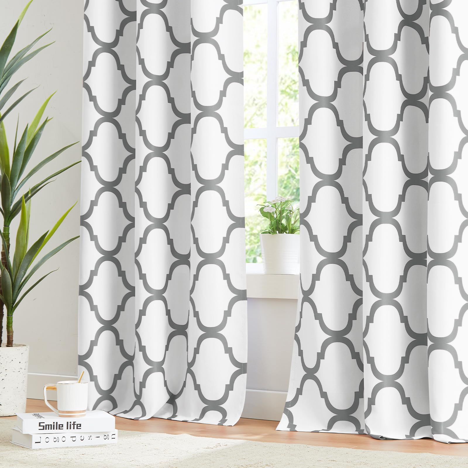 Melodieux Set of 2 Moroccan Style Tier Curtains - Geometric Lattice Design, Rod Pocket for Kitchen, Cafe & Bathroom - 24 Inch Length, Off White/Grey - Perfect for Small Windows, Home Decor & Boho Chic Interiors