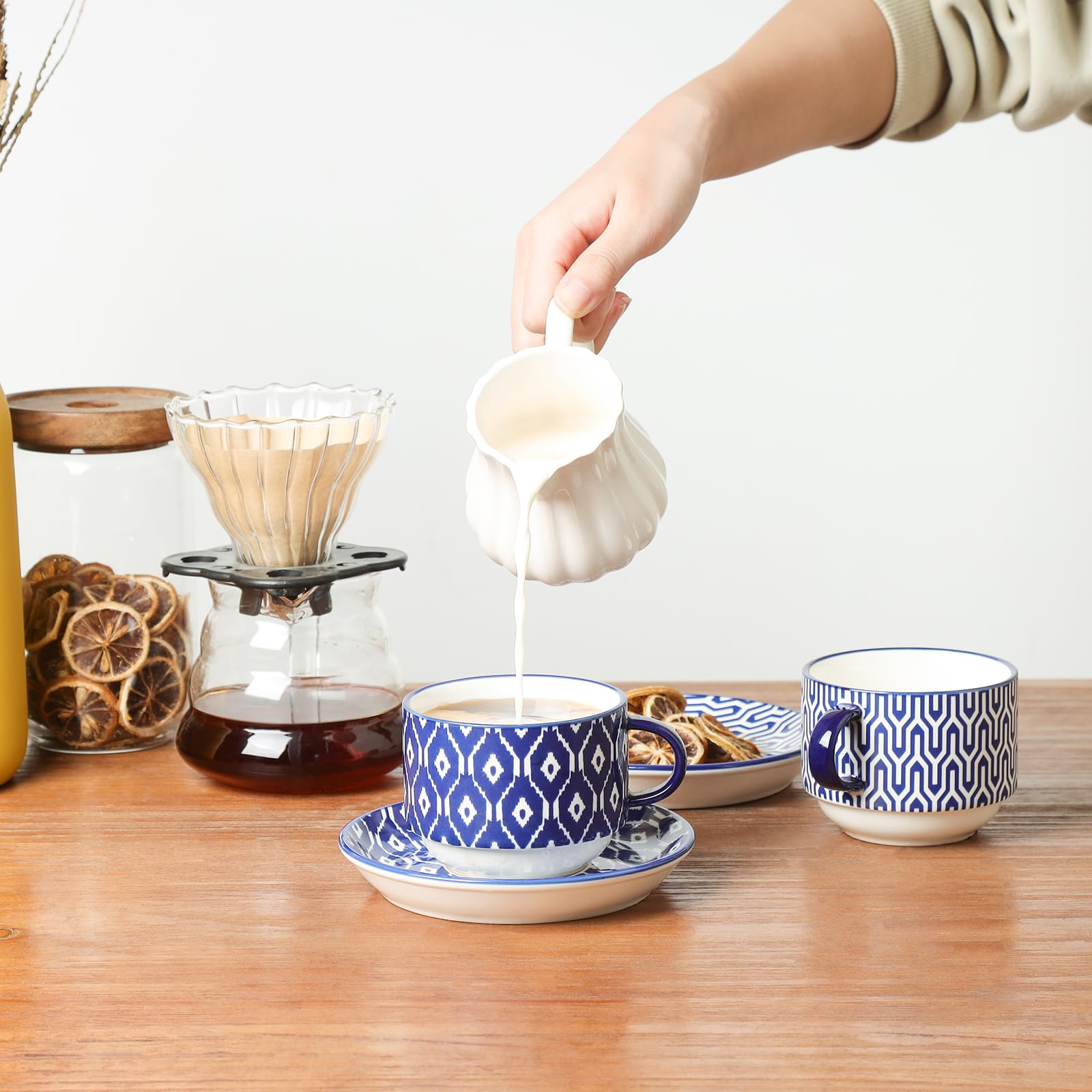 Selamica 8 oz Ceramic Cappuccino Cups with Saucers & Metal Stand - Stackable Espresso Coffee Mugs for Latte, Americano, Tea - Vintage Blue Coffee Cup Set of 4 - Perfect for Home, Cafe & Office Use