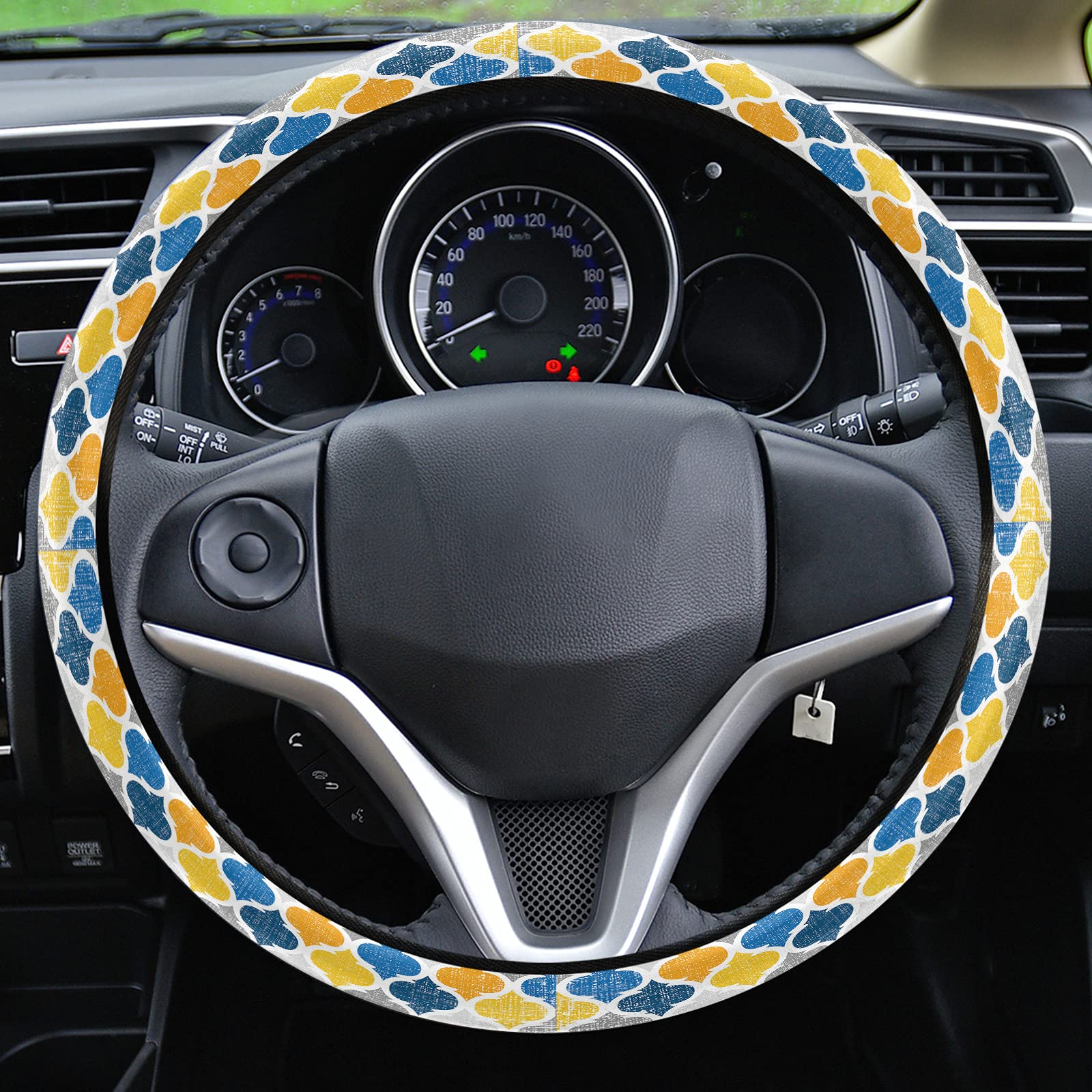Geometric Moroccan Pattern Universal Steering Wheel Cover for Women & Men - 15 Inch Custom Car Accessory in Gradient Blue, Yellow, Gray - Perfect for Cars & Trucks | Enhances Grip & Protects Wheel from Wear | Great for Daily Commutes & Road Trips
