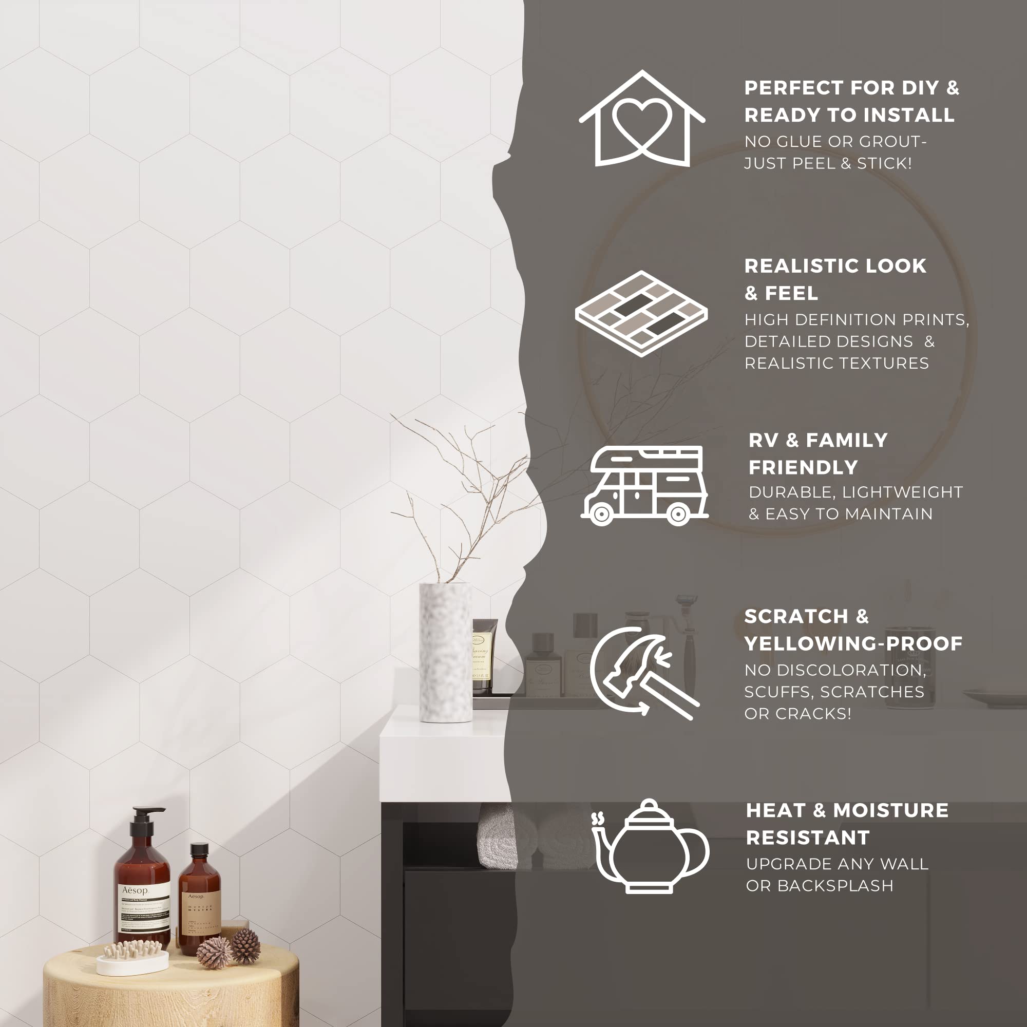 Avant Decor 8-Pack Stone Composite Hexagon Peel & Stick Tiles - Easy DIY Kitchen Backsplash