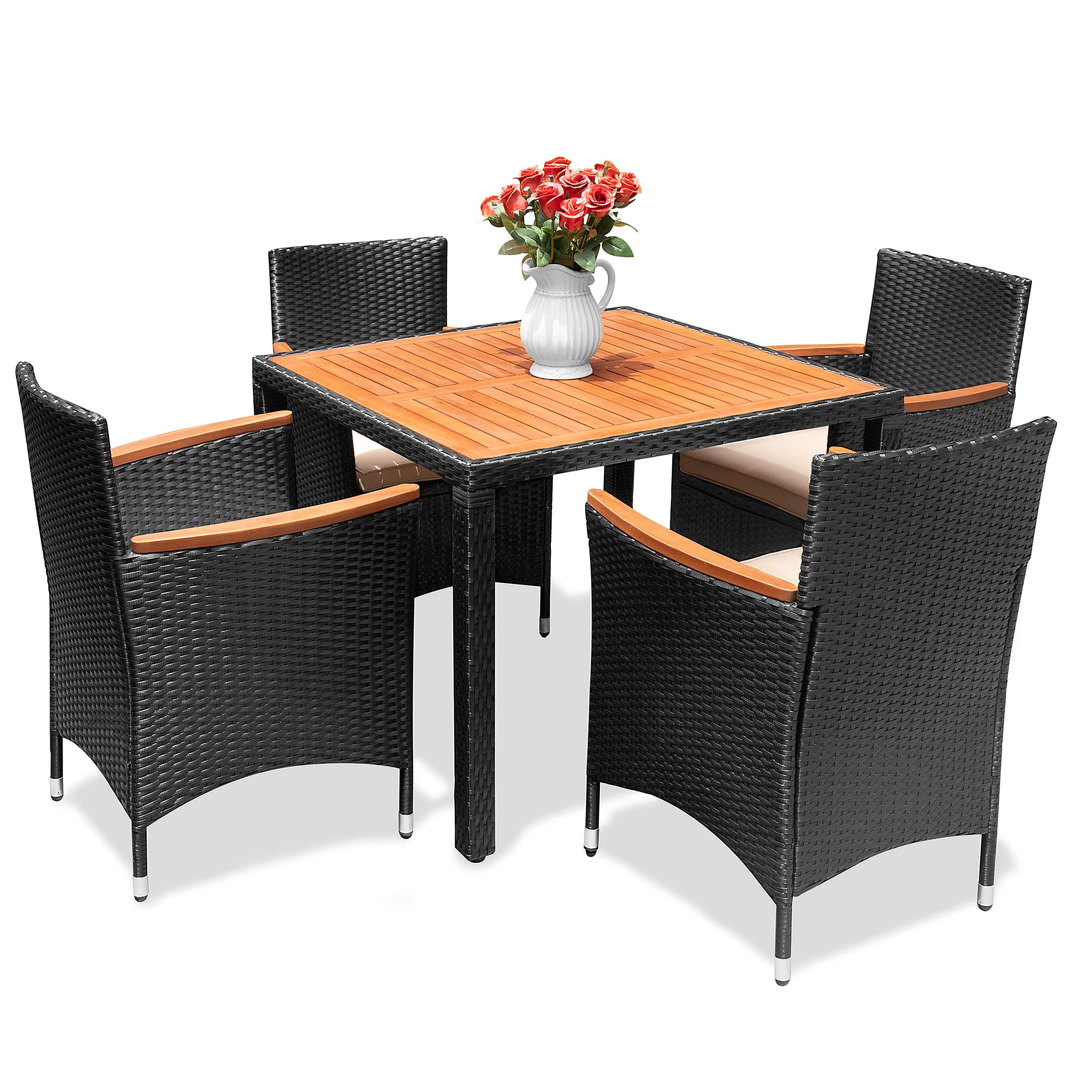 Flamaker 5-Piece Outdoor Dining Set - Acacia Wood Patio Table & Chairs with Soft Cushions, Weather-Resistant Wicker Furniture for Deck, Backyard, Garden - Perfect for Outdoor Entertaining & Relaxation