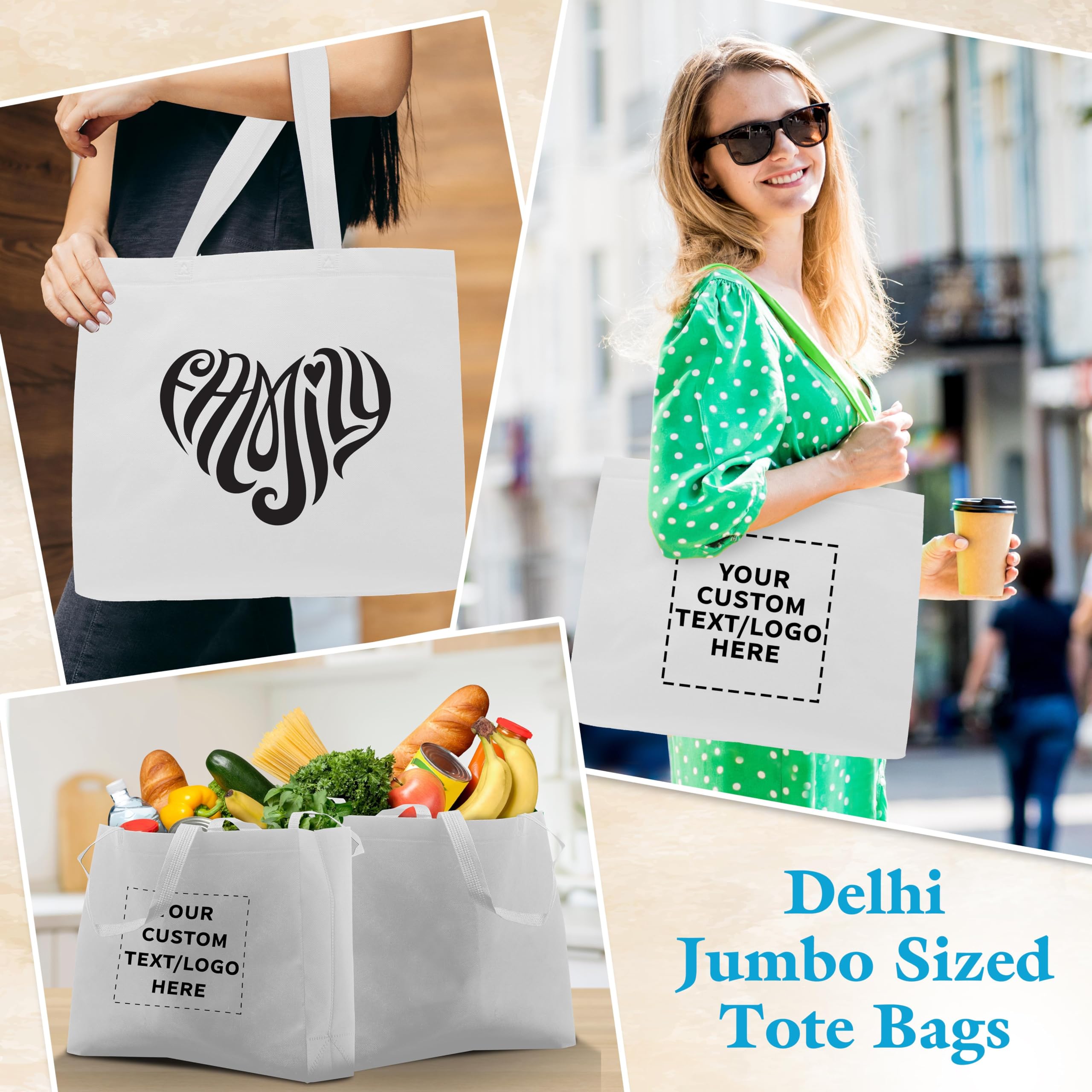 Custom Jumbo Reusable Tote Bags - Bulk Pack of 50 Personalized Grocery & Shopping Bags - Eco-Friendly Promotional Totes for Women in White - Perfect for Retail, Events, and Brand Giveaways