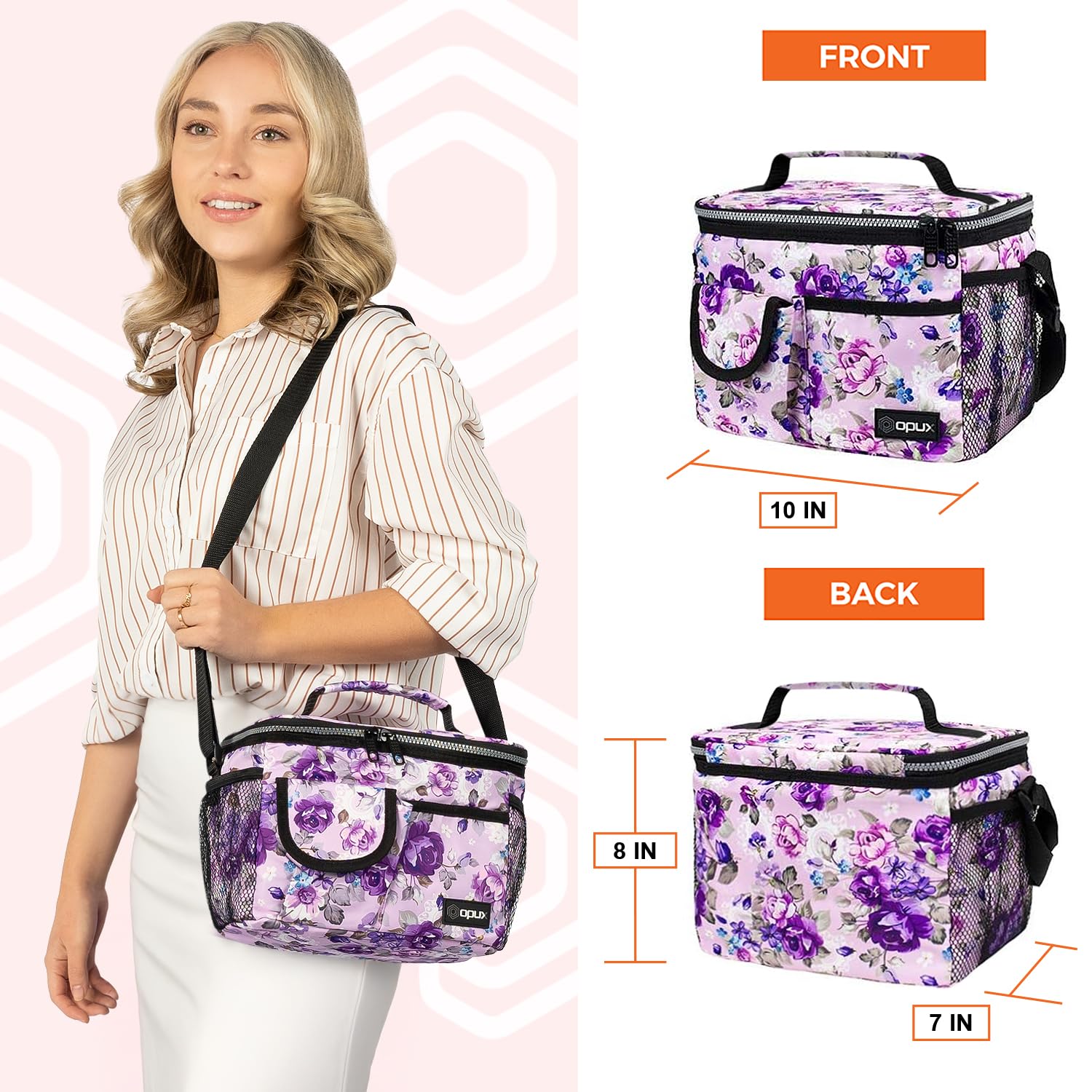 OPUX Insulated Lunch Bag for Men & Women - Leakproof Floral Purple Lunch Box for Work & School - Portable Soft Cooler Bag with Shoulder Strap - 14 Can/8L Capacity - Perfect for Office, Picnics & Outdoor Activities