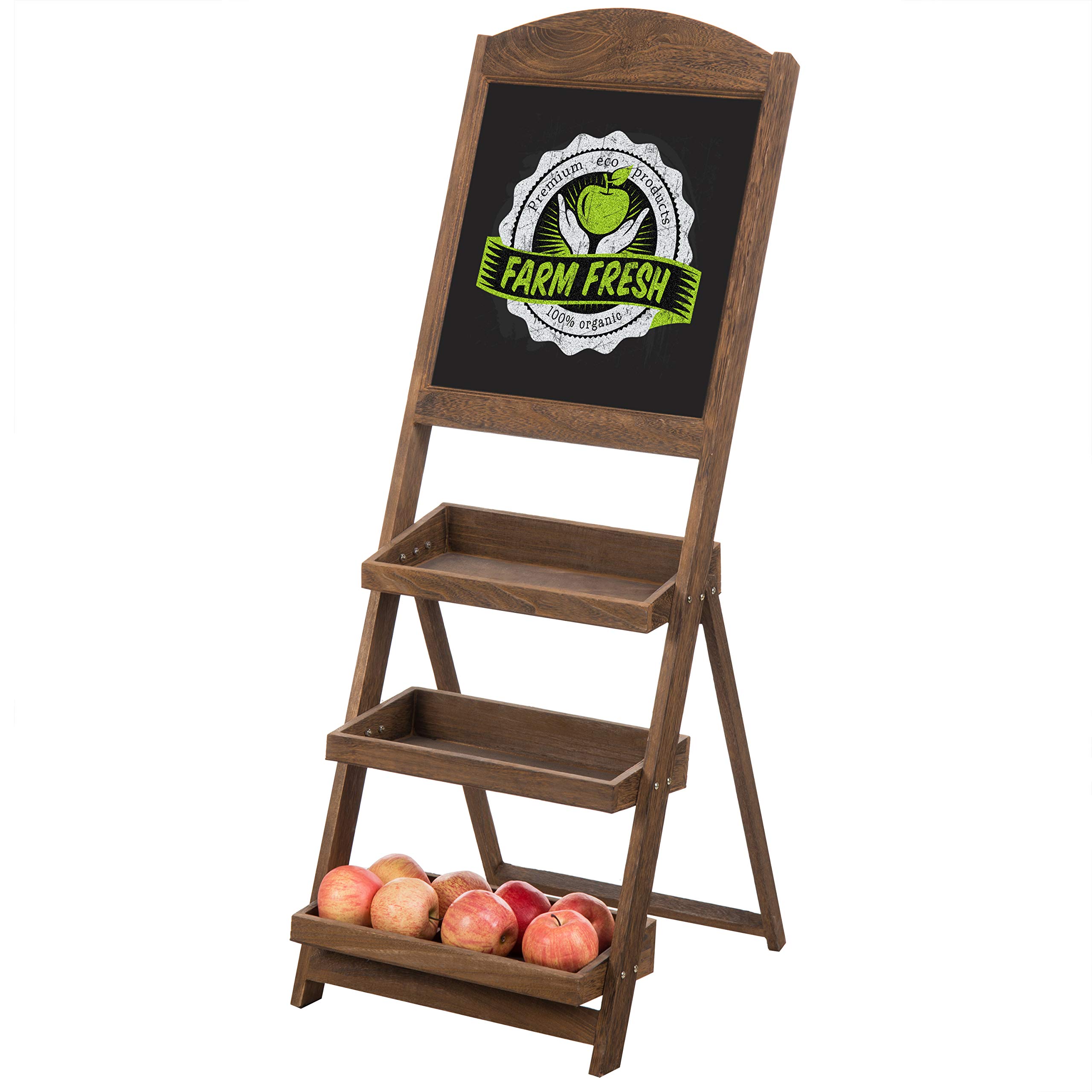 Rustic Burnt Wood Freestanding Chalkboard Easel with 3-Tier Display Shelves - Decorative Chalkboard Plant Stand for Home, Cafe, or Wedding Decor | Perfect for DIY Signs, Menu Boards & Indoor Plant Display