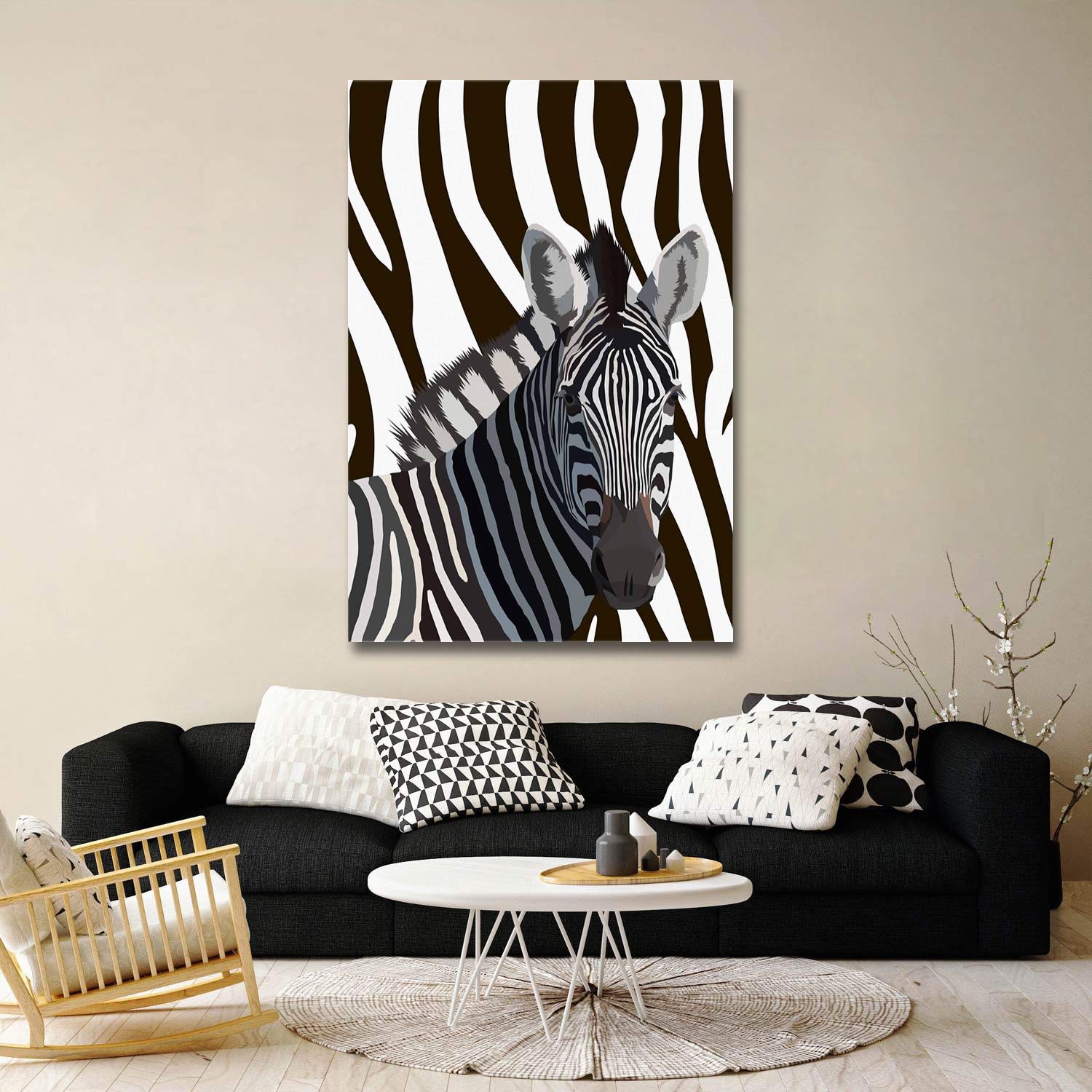 Cartoon Zebra Black & White Stripes Canvas Wall Art - 36x24 Inch Modern Animal Painting for Bathroom, Living Room & Bedroom Decor | Perfect for Nursery, Kids Room & Office Wall Decor