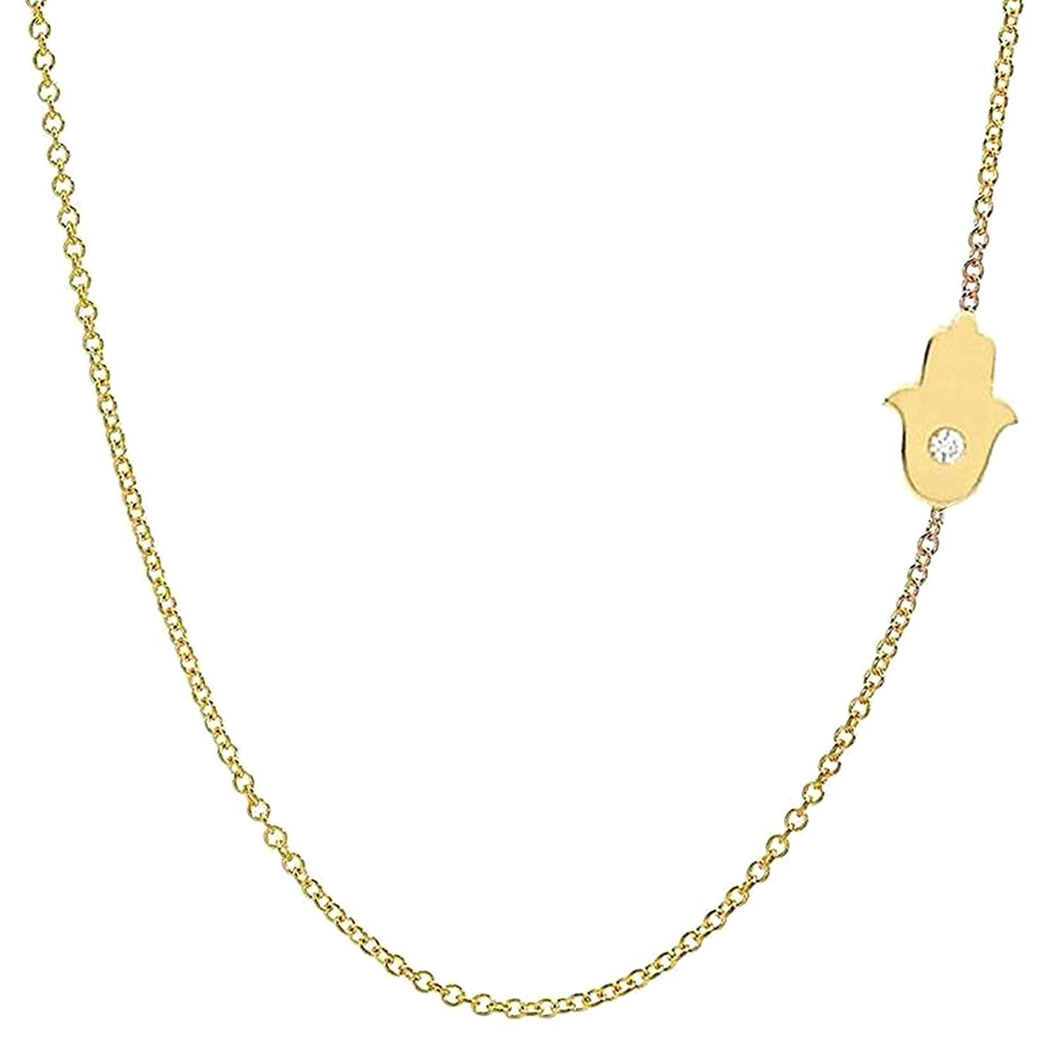 14K Gold Diamond Hamsa Necklace - Asymmetric Hamsa Charm Pendant with Solitaire Diamond - Sideways Hamsa Jewelry for Women - Perfect for Everyday Wear, Spiritual Protection & Gift Giving