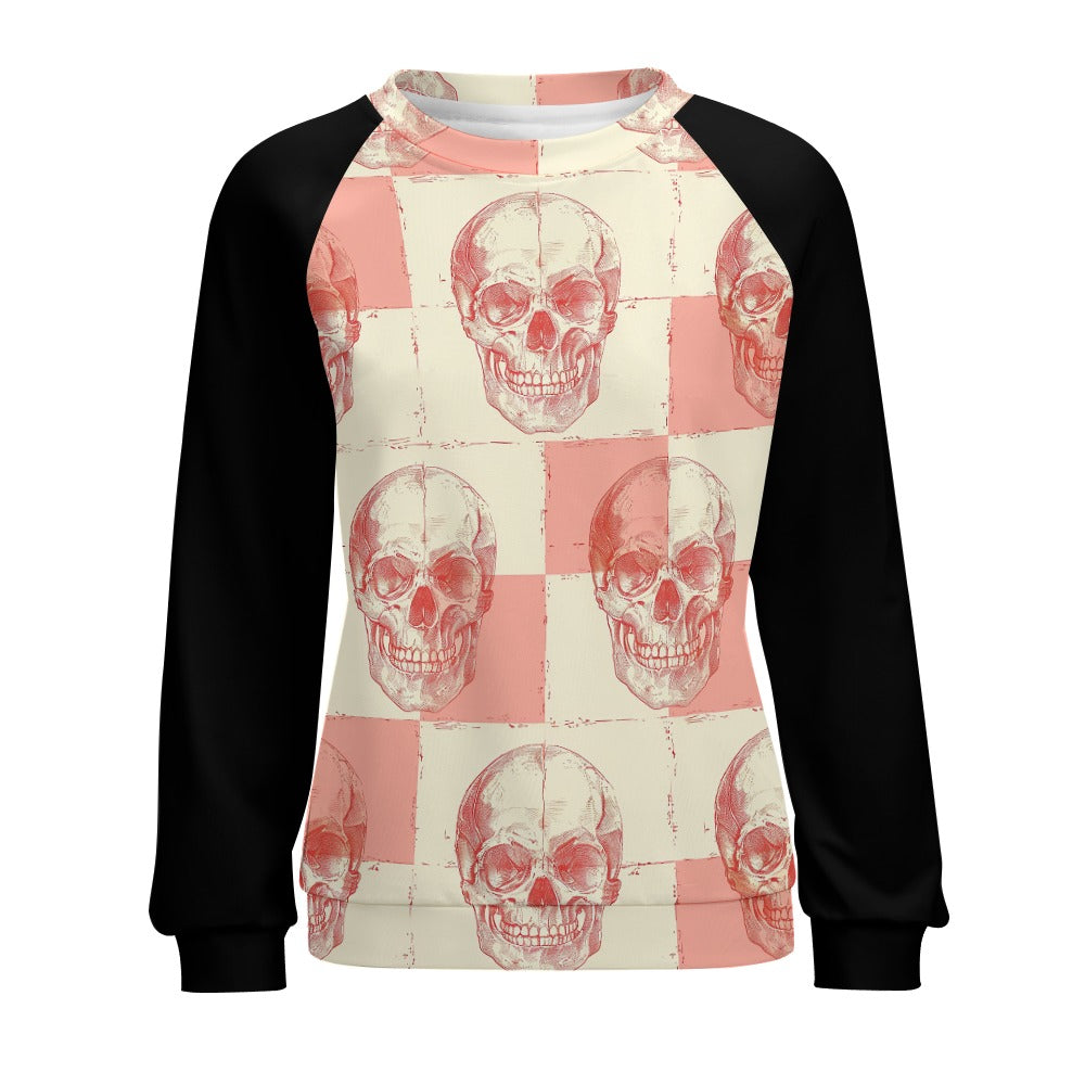 Stylish Peach Skulls Raglan Round Neck Sweater for Women - Trendy Casual Pullover for Fall & Winter - Perfect for Streetwear, Layering, and Everyday Fashion